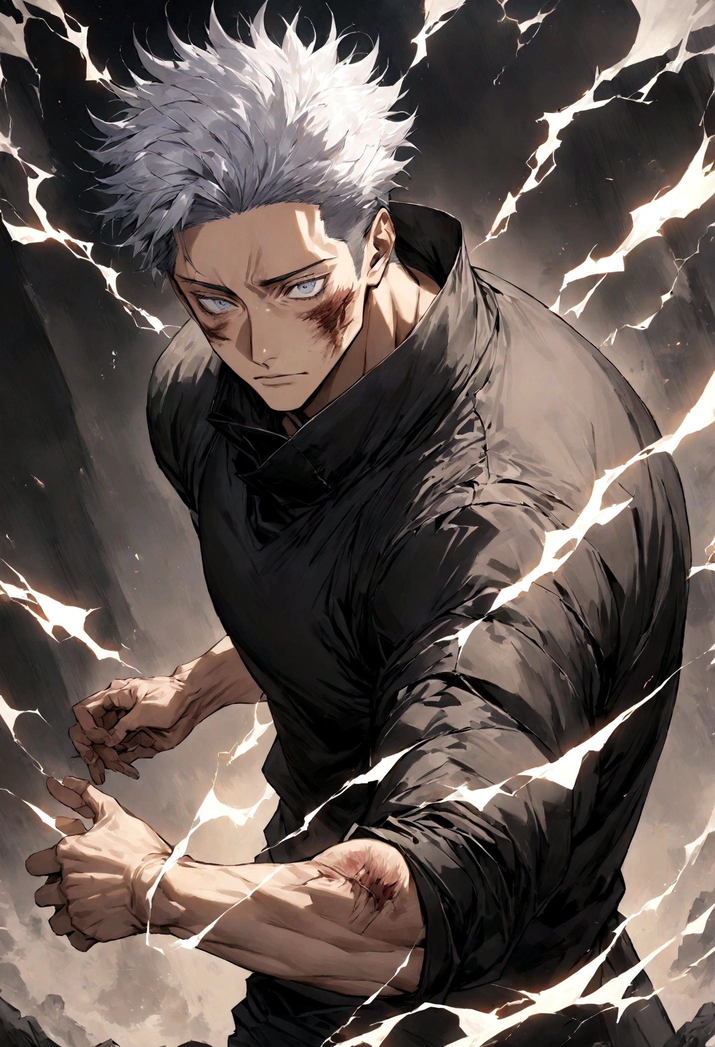 1 boy, Men&#39;s Center, Satoru gojou,Jujutsu Kaisen、Injury, electricity,, masterpiece, highest quality, so beautiful,、cool、、strongest、