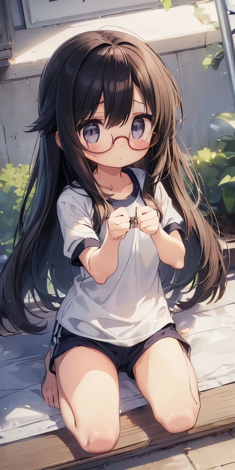 (big round glasses:1.3)、(Timid girl、blush、Watery eye:1.2)、Long black hair、White short sleeve shirt、Navy blue shorts、Gym suit、  body、Flat body