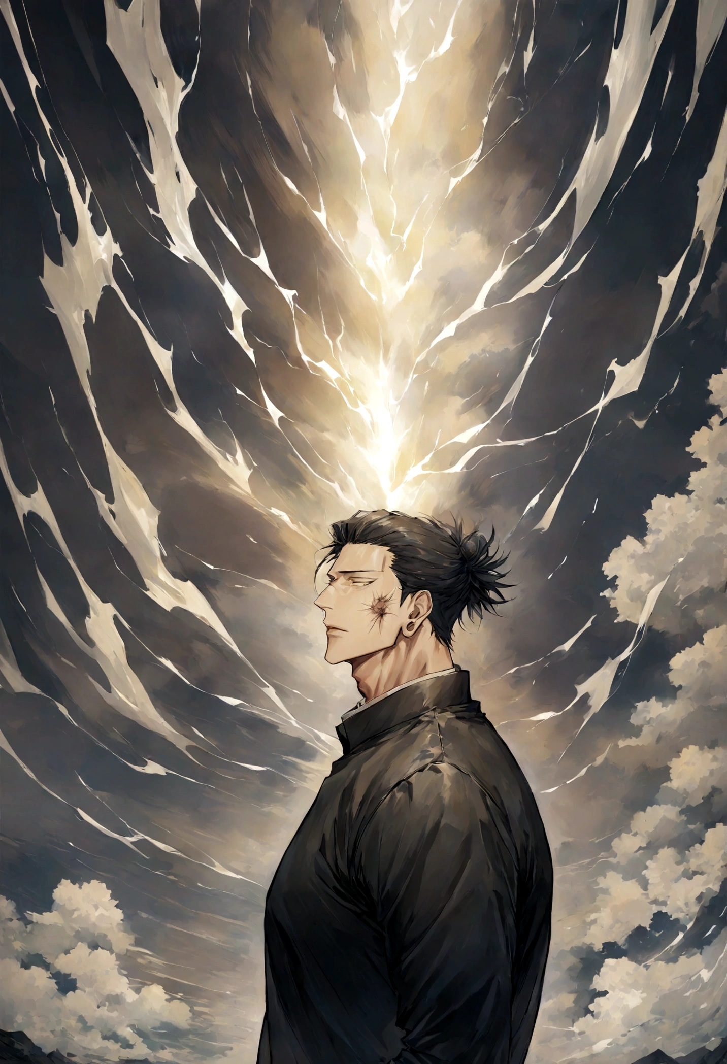 1 boy, Men's Center, Satoru gojou,Jujutsu Kaisen、Injury, electricity,, masterpiece, highest quality, so beautiful,、cool、、strongest、