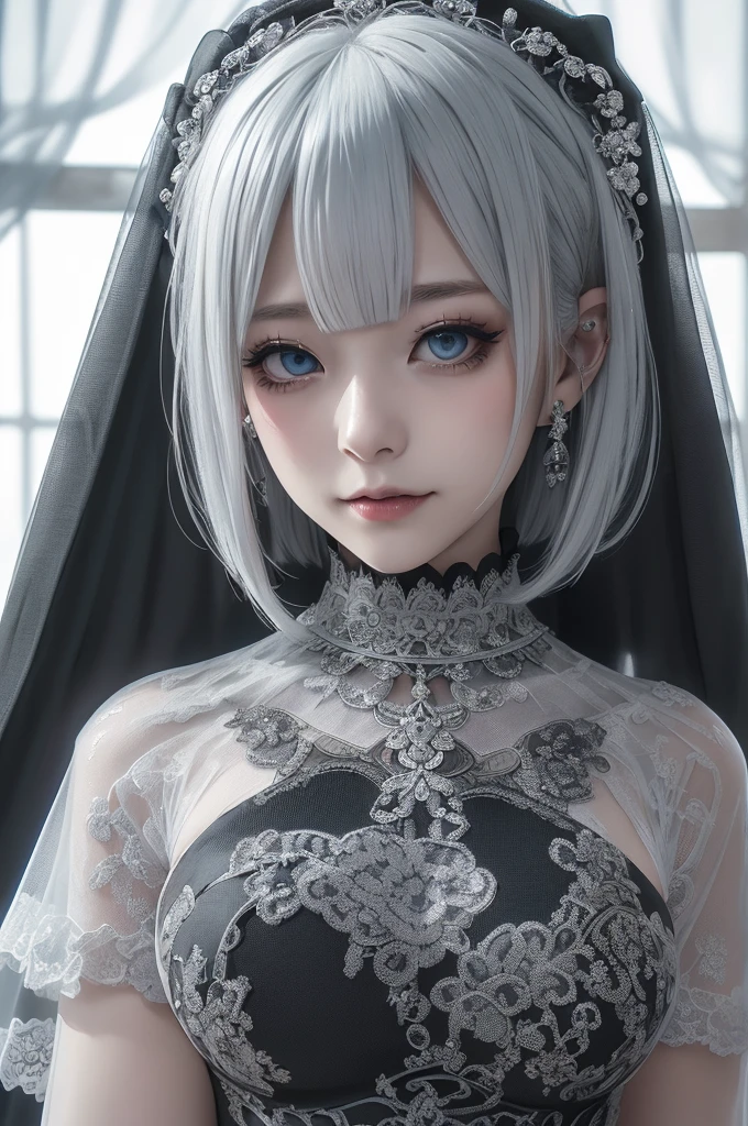 ((High quality)),masutepiece,(Detailed depiction of local details:1.2),1girl in,Blue eyes,Plump breasts,Enchanted Valley,Closed mouth,Eyelashes,Portrait,Solo,White hair,black theme,Short hair,Silver hair,Yorha No. 2 Type B,(((Black Wedding Dress)))、Full body view、Nipples