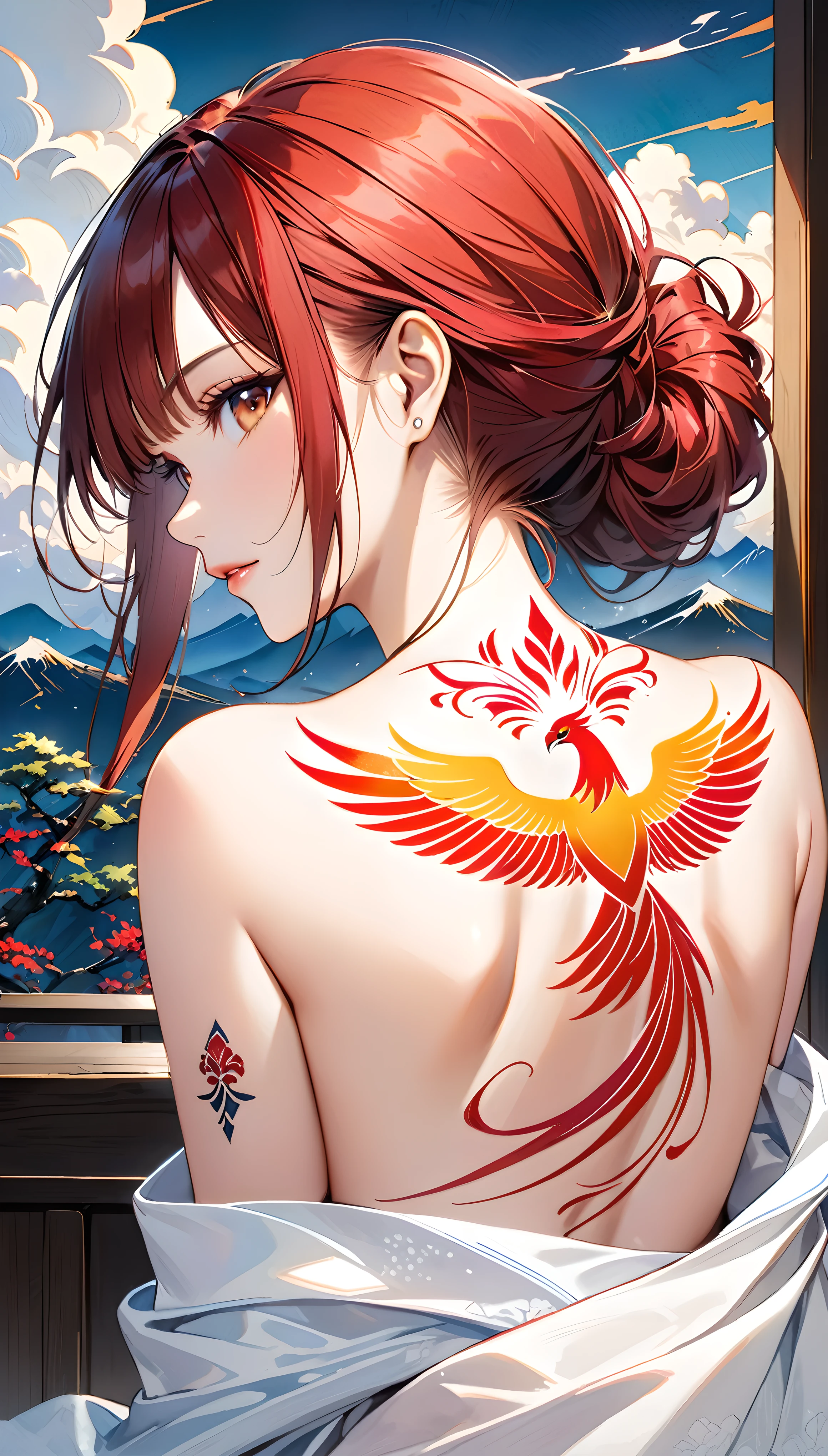 ((SFW)), Creating artwork based on the theme of back tattoos, Surreal, Lie on the futon with your back to the viewers, 1girl, alone, bewitching and attractive, Japanese Mafia, Upper body onlyHalf-naked, Upper body only,
BREAK Realistic, Japanese style room background, Tatami room, ((On the white blanket)), Detailed and realistic, A dark room where the subject stands out, Dramatic lighting effects,
BREAK A dynamic perspective of a woman's back as she lies face down, Focus on the back, Sexy upper body shot, Upper body only photo shoot,
BREAK ((Phoenix tattoo on the back, Japanese watercolor)),
A dynamic phoenix that looks ready to take flight, Seamlessly connecting the front and back of the Phoenix, A depiction of a phoenix taking off from his back, Transparent Japanese watercolor, ((Aesthetic tattoos)),
Ukiyo-e style, Dull pastel colors, Blurred semi-transparent full color, Japanese watercolorの入れ墨,
A seamless blend of tattoos and attractive skin, ((Tattoos in Japanese style)),
BREAK Realistic and accurate movement, Use all kinds of effects to captivate your audience,
BREAK Ultra-realism, Detailed and realistic skin texture, Detailed and intricate texture, Delicate and intricate brushwork, Detailed and clear depiction, Transparent depiction, Highly detailed and aesthetically pleasing,
BREAK Highest Quality, Highest Resolution, 16k, Optimal rendering,