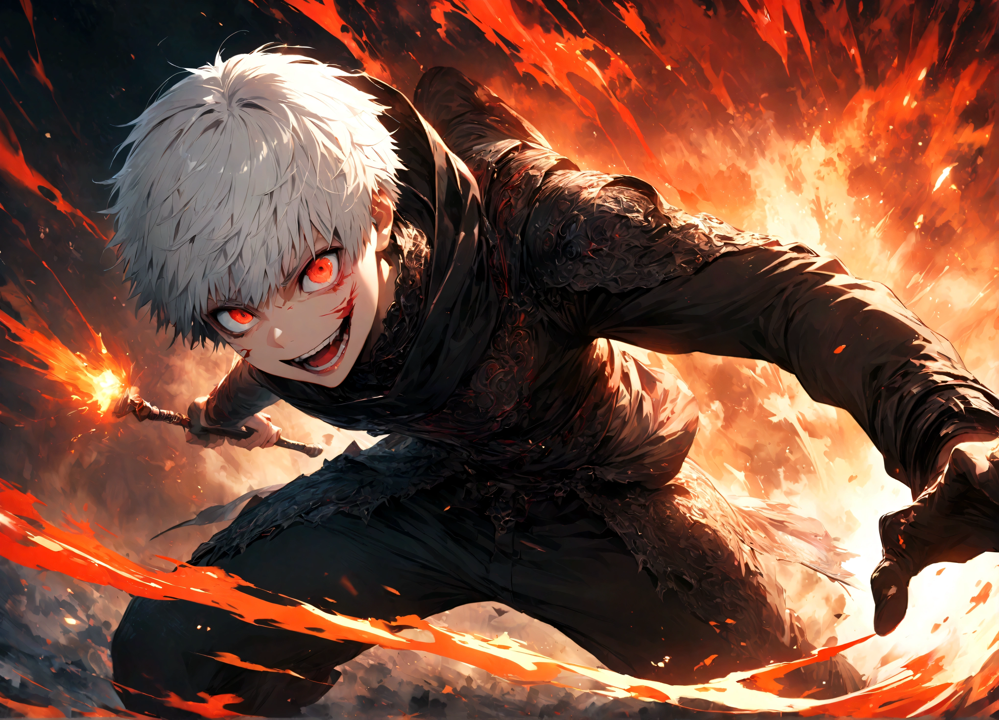 1 male,Kaneki,Tokyo Ghoul,,Sui Ishida's painting style,Intricate details,Use black and white as your main colors,Decadent,artwork,rendering,Dynamic Pose,(masterpiece:1.3),(highest quality:1.4),(ultra detailed:1.5),High resolution,extremely detailed,unity 8k wallpaper,Dark fantasy,Brush strokes,Glare,Battle Style,Crazy smile