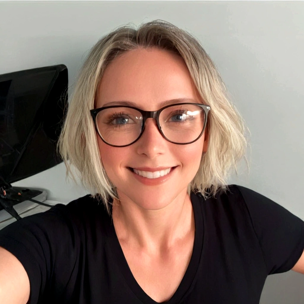 a blonde woman wearing black glasses and a black shirt, smiling at the camera, profile image, profile photo with hat, avatar image, detailed portrait, flawless skin, beautiful eyes, high-quality, photorealistic, 8k, cinematic lighting, shallow depth of field, warm color tones