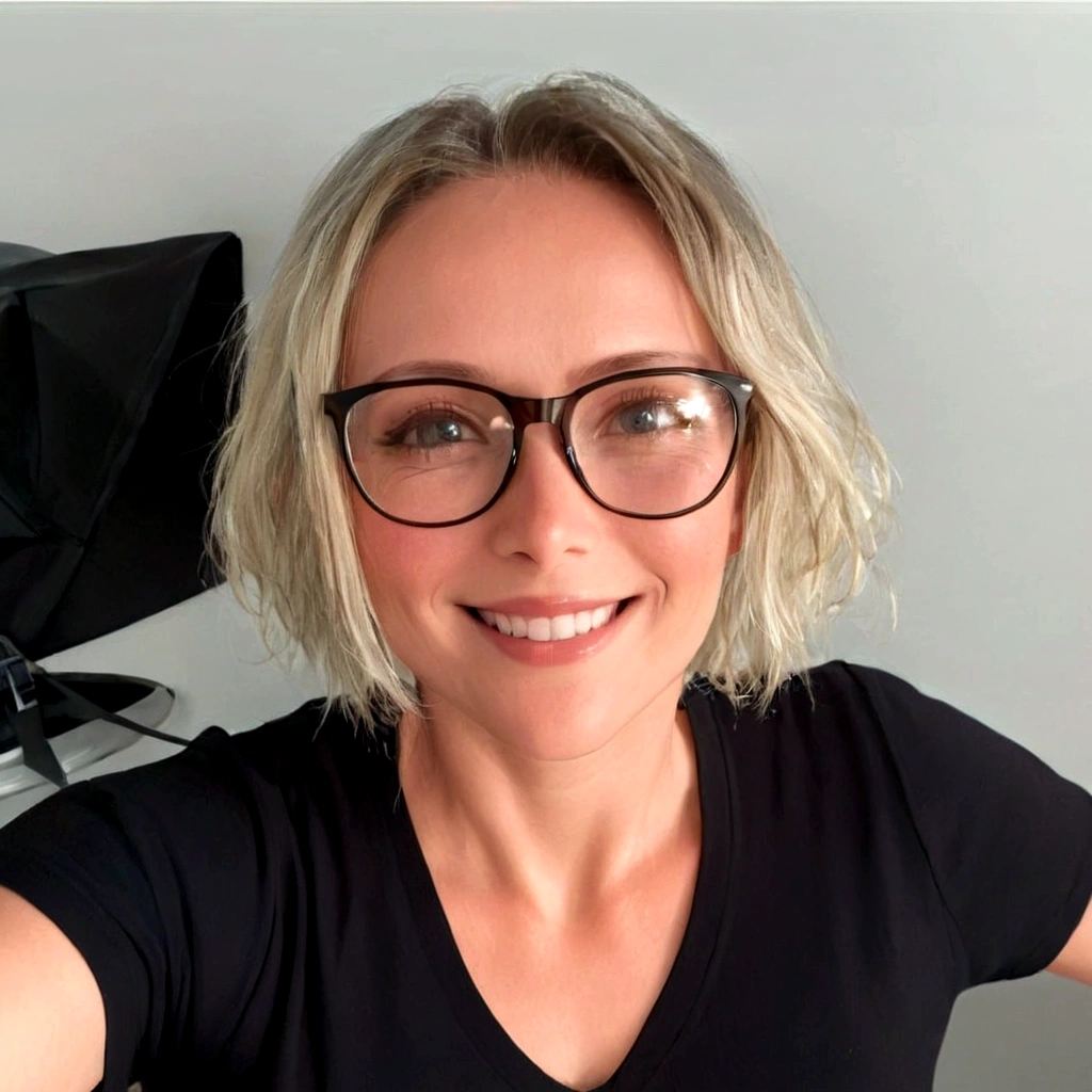 a blonde woman wearing black glasses and a black shirt, smiling at the camera, profile image, profile photo with hat, avatar image, detailed portrait, flawless skin, beautiful eyes, high-quality, photorealistic, 8k, cinematic lighting, shallow depth of field, warm color tones