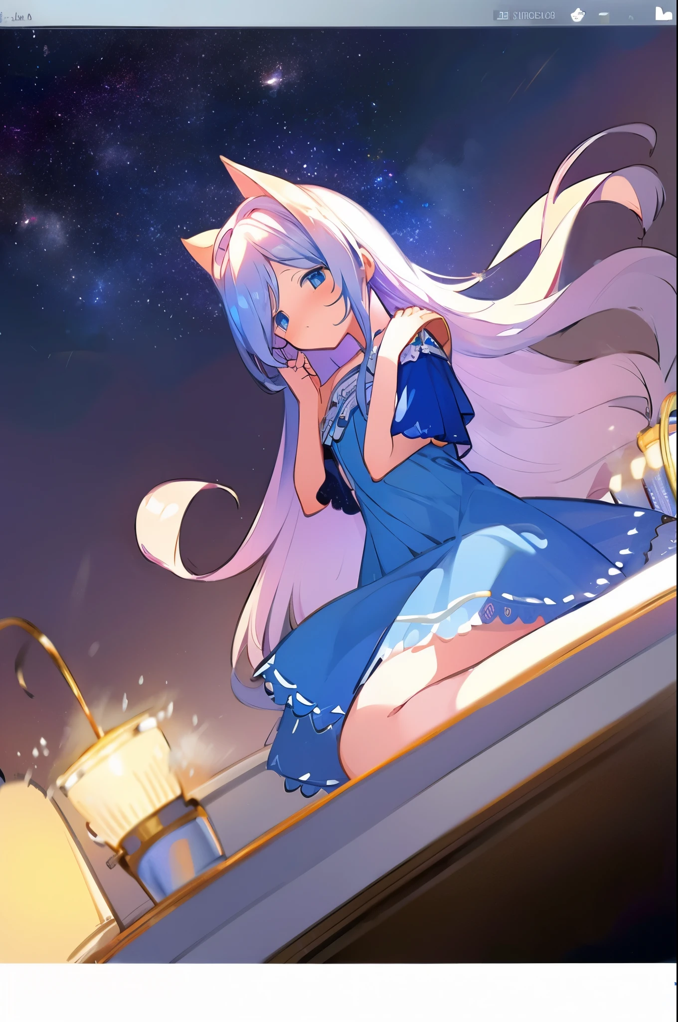 （Best quality，4K，8K，high resolution，Masterpiece：1.2），Super detailed，（Realistic，Photorealistic，Photo-realistic：1.37），Blue long hair， blue eyes， A flowing blue dress， White top，Three-quarter sleeves， Seated， Girl， Combing Hair， Starry sky background， Smoke Smudge， White cat，Dolls