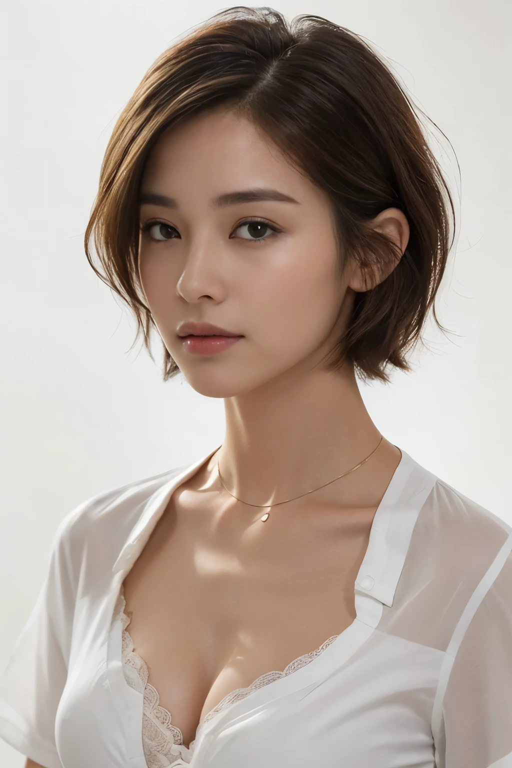 ((top-quality、8K、masterpiece: 1.erfect Body Beauty: 1.4、Slender Abs: 1.2、Beautiful woman with slender abs:1.3、(Highlight Haircutreast B Cup:1.2), medium breast, round shape breast, perfect shape breast, (( sexy , ((white shirt open)), black bra )), necklace, hyperdetailed face、18year old、 Pretty women、(Dark brown short-cut hair), Slim Face、Highly detailed facial and skin texture、very detailed lips、opens legs、top-quality、masterpiece、超A high resolution、(Photorealsitic:1.4), walked forward confidently, long shot , studio setup, photography steup, light from both side, background,