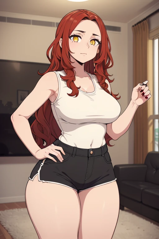 masterpiece, best quality, finely detailed, beautiful and detailed face, beautiful and detailed body, a 24 year old girl, big wavy red hair, yellow eyes, white sleeveless shirt, very short black shorts, black sneakers, thick thighs, standing, ration of happiness , in a living room, Flat colors, detailed texture, detailed face