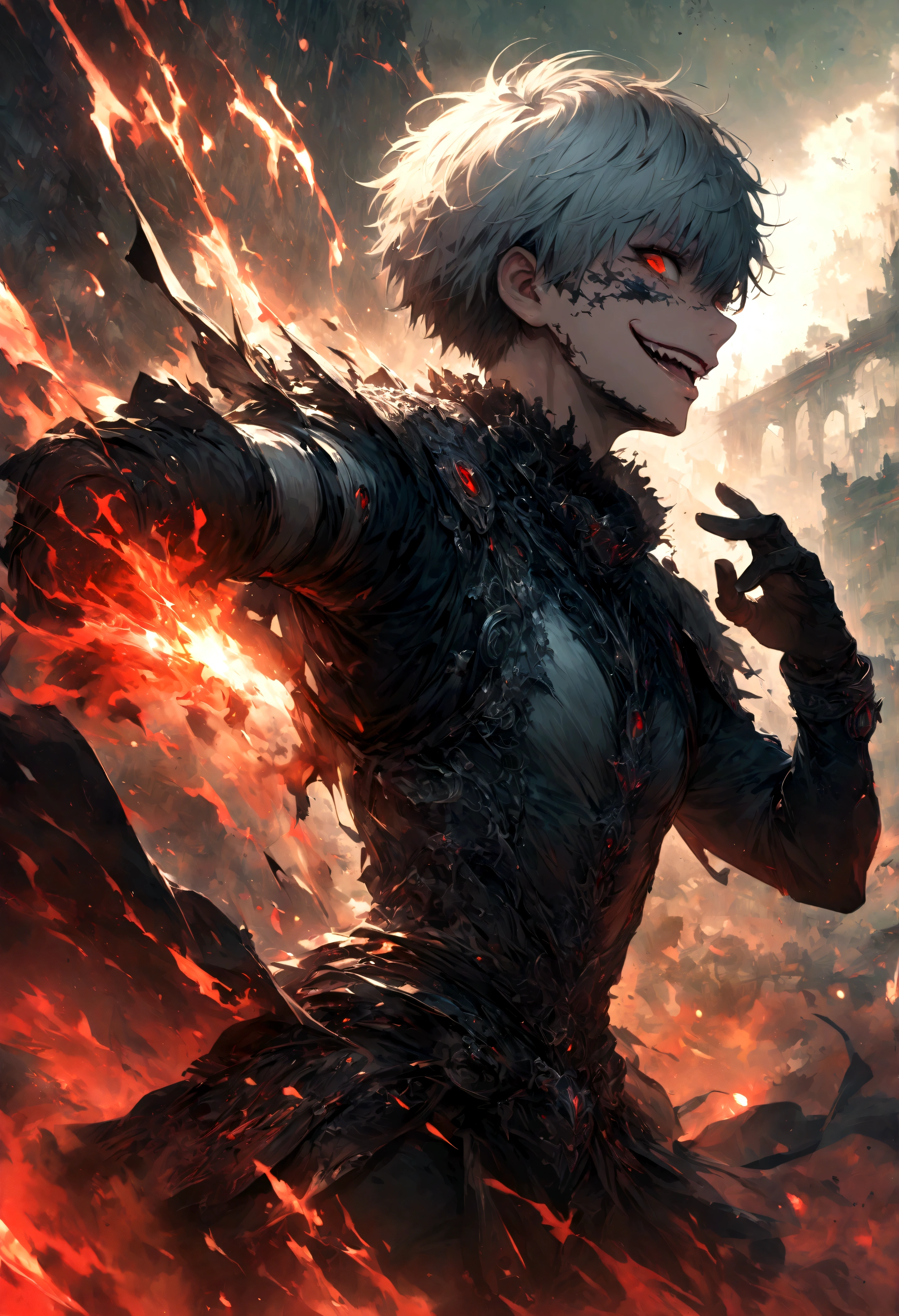 1 male,Kaneki,Tokyo Ghoul,,Sui Ishida's painting style,Intricate details,Use black and white as your main colors,Decadent,artwork,rendering,Dynamic Pose,(masterpiece:1.3),(highest quality:1.4),(ultra detailed:1.5),High resolution,extremely detailed,unity 8k wallpaper,Dark fantasy,Brush strokes,Glare,Battle Style,Crazy smile