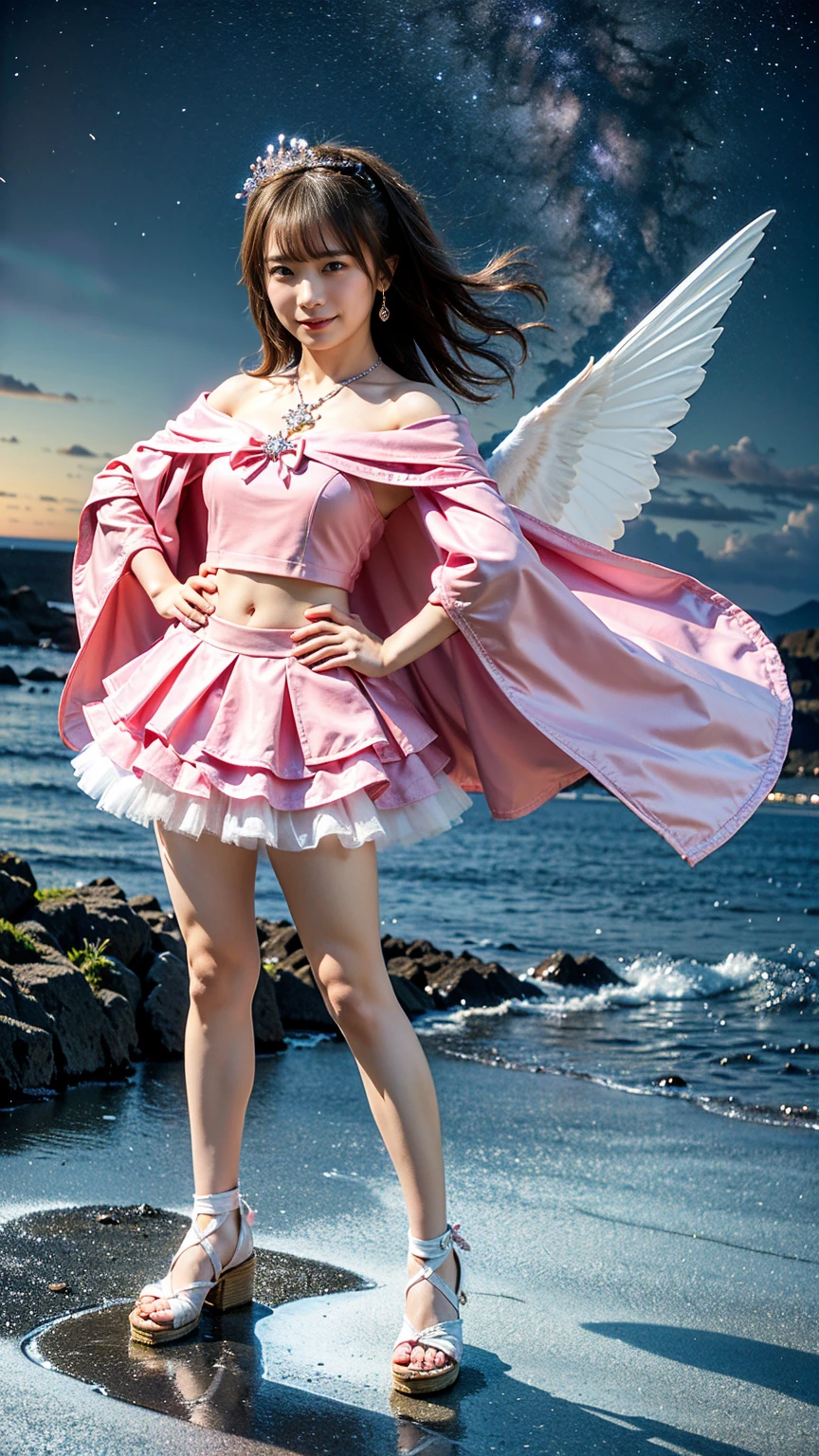 (8k、RAW Photos、highest quality、masterpiece:1.2)、(Realistic、Realistic)、1 girl、((Pink and light blue、Pretty Cure、fairy tale、Belly button、skirt、Cape、Off the shoulder、Scrunchie、See-through、Long Hair、Frills、smile、ribbon、Large Breasts、Sandals、whole body、Night Sky、View from the front、looking at the camera、Standing with hands on hips))、