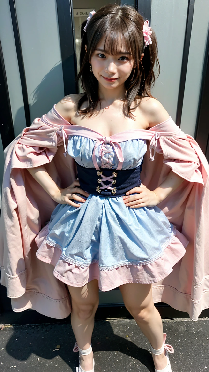 (8k、RAW Photos、highest quality、masterpiece:1.2)、(Realistic、Realistic)、1 girl、((Pink and light blue、Pretty Cure、fairy tale、Belly button、skirt、Cape、Off the shoulder、Scrunchie、See-through、Long Hair、Frills、smile、ribbon、Large Breasts、Sandals、whole body、Night Sky、View from the front、looking at the camera、Standing with hands on hips))、