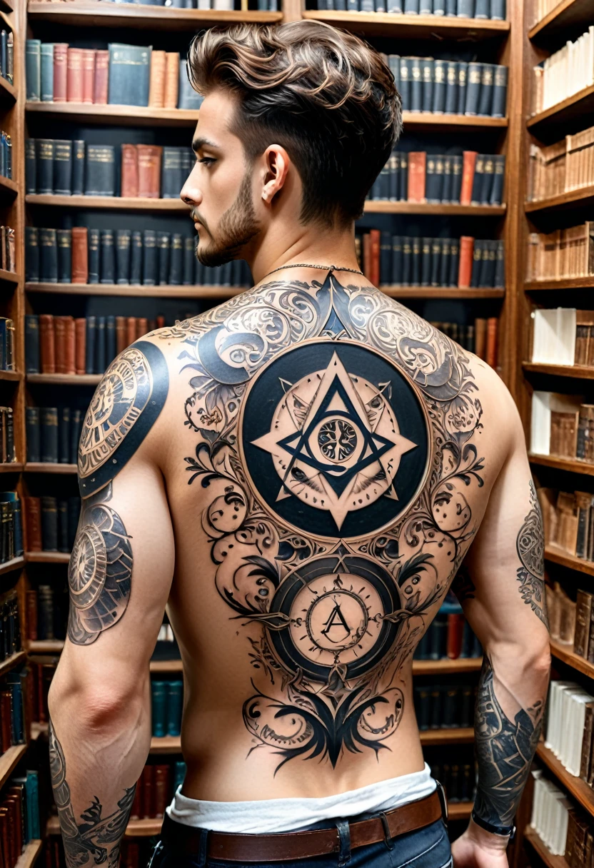 Back Tattoo, Mysticism researcher, between rows of bookshelves in the library, reveals an alchemical symbol tattoo on his back, demonstrating his strong interest in ancient knowledge and mysticism, (masterpiece, best quality, Professional, perfect composition, very aesthetic, absurdres, ultra-detailed, intricate details:1.3)