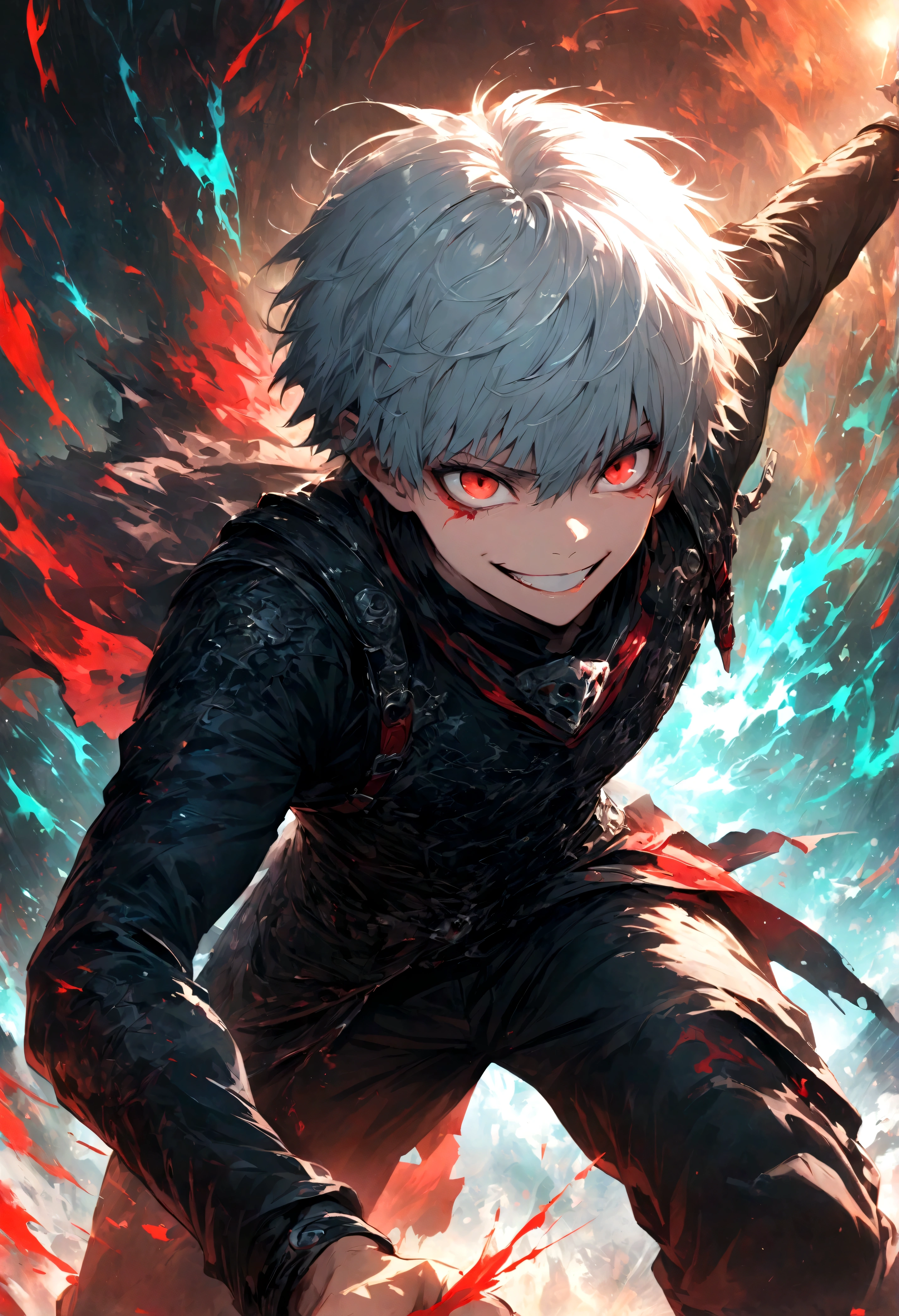 1 male,Kaneki,Tokyo Ghoul,,Sui Ishida's painting style,Intricate details,Use black and white as your main colors,Decadent,artwork,rendering,Dynamic Pose,(masterpiece:1.3),(highest quality:1.4),(ultra detailed:1.5),High resolution,extremely detailed,unity 8k wallpaper,Dark fantasy,Brush strokes,Glare,Battle Style,Crazy smile