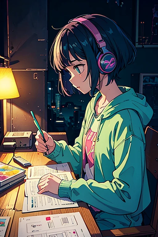 (praise), Girl studying at the table, Reading a book, Put on your headphones, , Night Light, Neon scenery on a rainy day,Analog Color Theme, Lo-fi Hip Hop , retrospective exhibition, flat, 2.5D ,Line art, Ink drawing, Large slope, Watercolor, Gouache color, Studio Ghibli style, Great colorful, amount of sales, Synthwave, praise art,90s Style,Old Texture, amplitude,90s vibe, Tabletop, Great skills