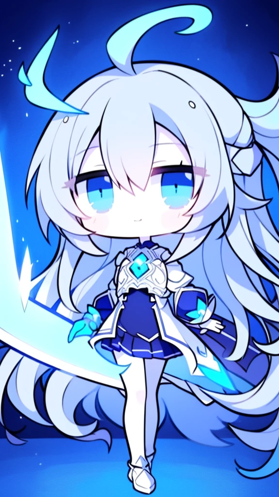girl,k hd,4K,face expressionless,style of anime,sideface,blue color eyes,white color hair,((full body)),Confused eyes,(default character)SD character, masterpiece,best quality,ultra detailed,4K,super fine illustration,highly detailed beautiful face and eyes,cyan color scheme, lighting,fantasy,extremely solemn atmosphere,long hair,floating hair,smirk,fighting stance,dynamic pose,(holding glowing sword:1.3),particle light,luminescence,plasma,electric current,blue flame,sense of depth,dynamic angle,