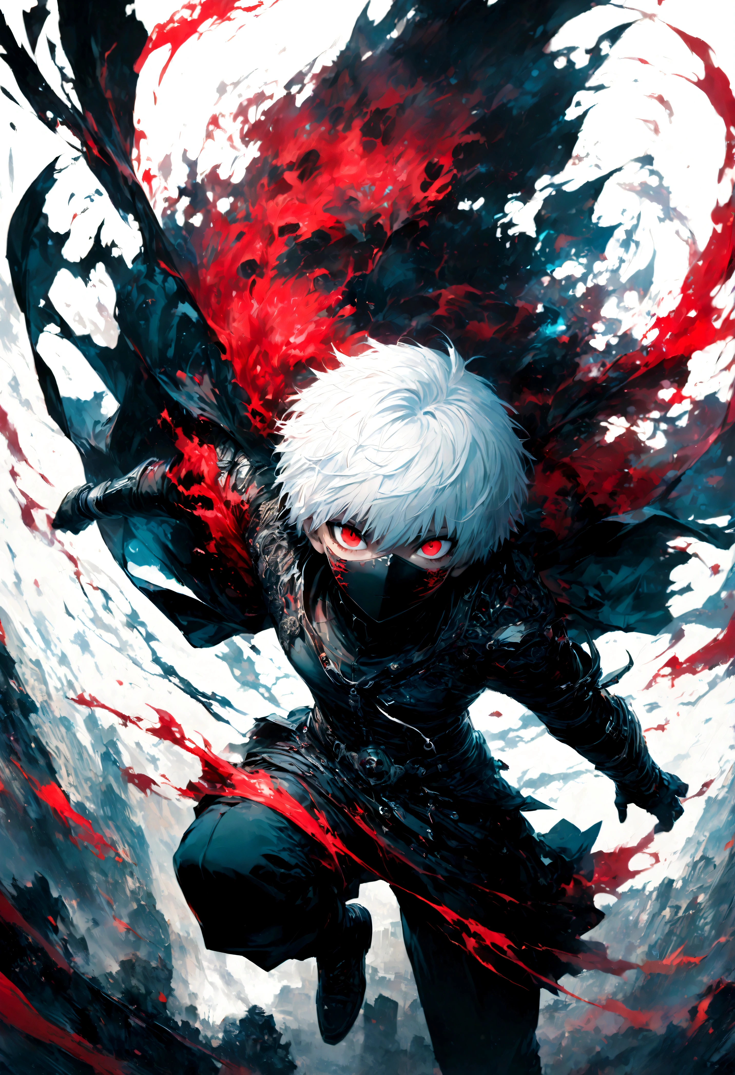 1 male,Kaneki,Tokyo Ghoul,A black face cover for ghouls that covers half of the face,Sui Ishida's painting style,Intricate details,Use black and white as your main colors,Decadent,artwork,rendering,Dynamic Pose,(masterpiece:1.3),(highest quality:1.4),(ultra detailed:1.5),High resolution,extremely detailed,unity 8k wallpaper,Dark fantasy,Brush strokes