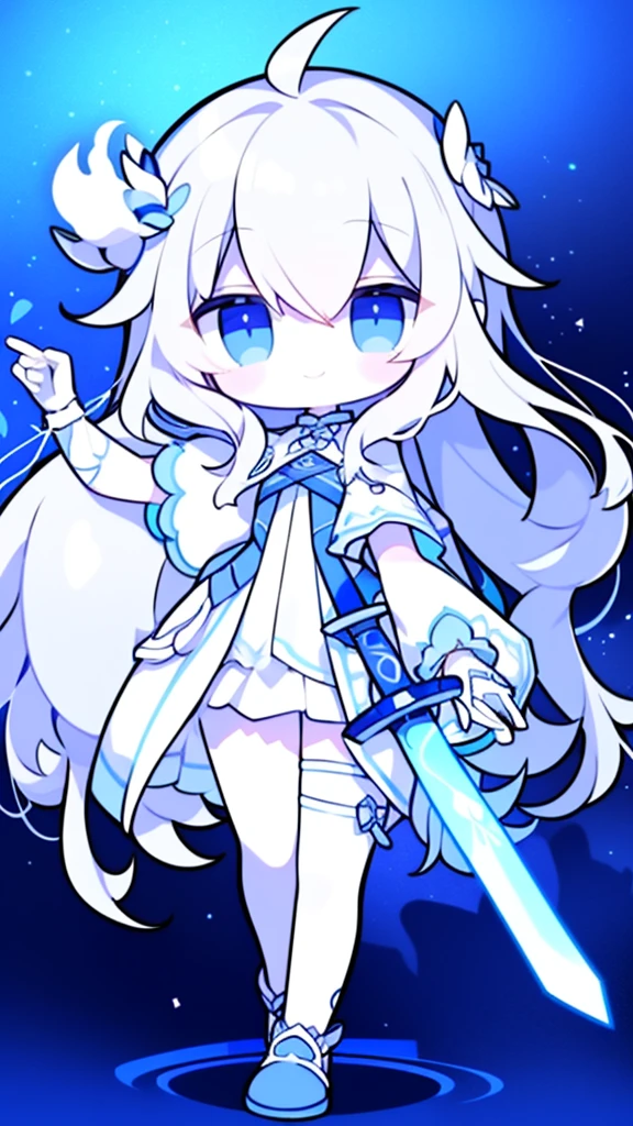  girl，k hd，4K，face expressionless，style of anime，sideface，blue color eyes，white color hair,((full body)),Confused eyes,(default character)SD character, masterpiece,best quality,ultra detailed,4K,super fine illustration,highly detailed beautiful face and eyes,cyan color scheme, lighting,fantasy,extremely solemn atmosphere,long hair,floating hair,smirk,fighting stance,dynamic pose,(holding glowing sword:1.3),particle light,luminescence,plasma,electric current,blue flame,sense of depth,dynamic angle,