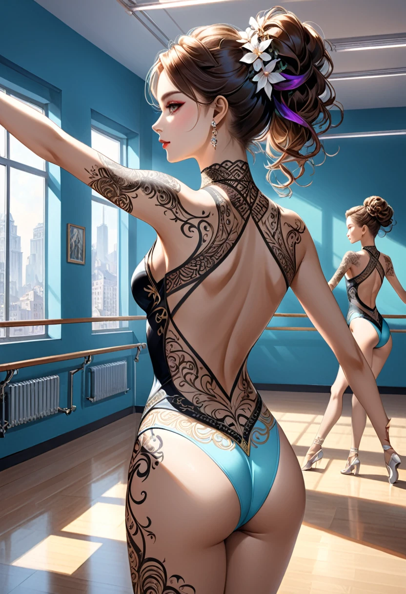 Back Tattoo, In the dance classroom, a dancer's wavy tattoo on the back undulates with her movements, symbolizing the fluidity and rhythm of the dance, (masterpiece, best quality, Professional, perfect composition, very aesthetic, absurdres, ultra-detailed, intricate details:1.3)