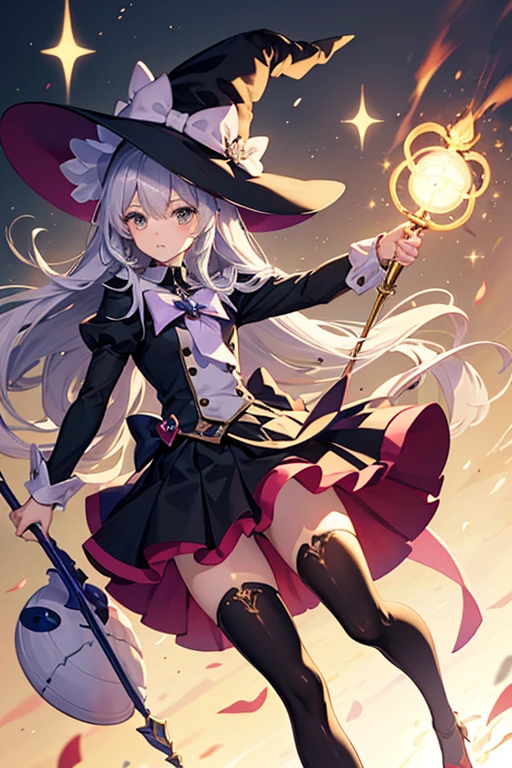 Magical girl、Witch Hat、Magic wand、Black knee-high socks、Miniskirt、Thighs、whole body
