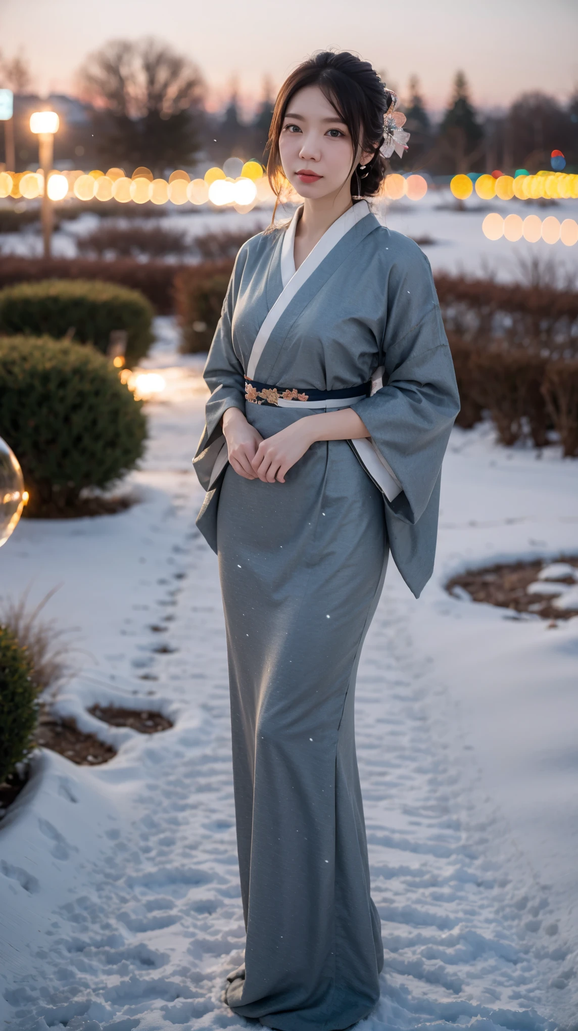 (masterpiece, best quality:1.2), 1girl, solo, thick body, wearing Japanese kimono dress, ParewaFace, standing against snow city, blurry background, depth of field, ((bokeh)), (snow falling)