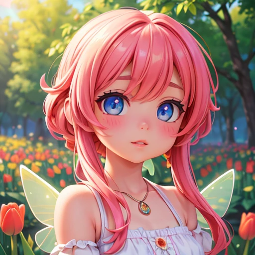 a bright and colorful portrait of a  girl with fairy wings surrounded by tall tulip flowers, (best quality,4k,8k,highres,masterpiece:1.2),ultra-detailed,(realistic,photorealistic,photo-realistic:1.37),beautiful detailed eyes,beautiful detailed lips,extremely detailed eyes and face,longeyelashes,girl in a vibrant flower garden,flowers in full bloom,vivid colors,natural lighting,warm color palette,cinematic lighting,magical realism,intricate details,whimsical,dreamlike,ethereal