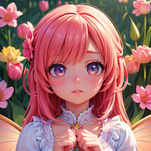 a bright and colorful portrait of a  girl with fairy wings surrounded by tall tulip flowers, (best quality,4k,8k,highres,masterpiece:1.2),ultra-detailed,(realistic,photorealistic,photo-realistic:1.37),beautiful detailed eyes,beautiful detailed lips,extremely detailed eyes and face,longeyelashes,girl in a vibrant flower garden,flowers in full bloom,vivid colors,natural lighting,warm color palette,cinematic lighting,magical realism,intricate details,whimsical,dreamlike,ethereal