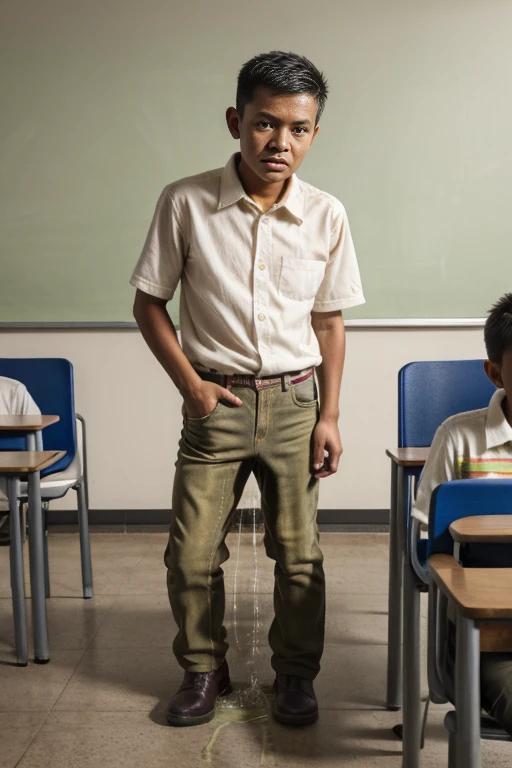 (pp clothes), (realistic), Indonesian boy, classroom situation, sees the ghost and peeing himself, panic expression, fright expression, pee stain, peeing himself, ghost, full body.