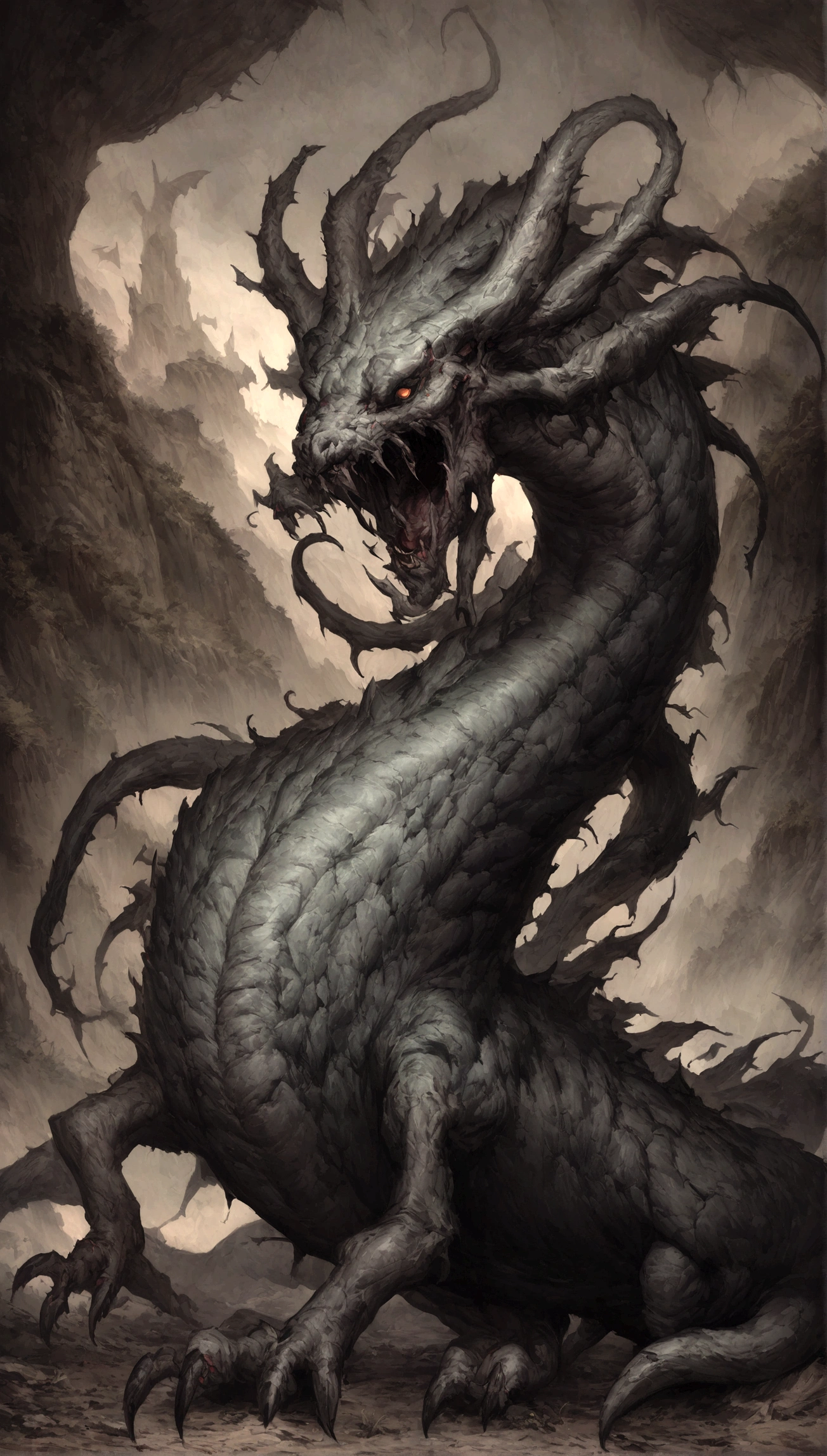 Draw a Demonic creatures with a strong, Bloody face and bloody head, Giant Dragon,背中にはGiant Dragonの翼が生えている,Huge body,Huge tail with bone spurs,Sci-fi horror art, Sci-fi horror art, Inspired by Alexis Briclot, Fangs of Carnage, Horror fantasy art, Alexis Bricklot(Alexis Bricklot), Horror concept art, poison, Fantasy and Horror Art, 4K Horror Detailed Illustration, Demonic creatures, Dark fantasy horror art