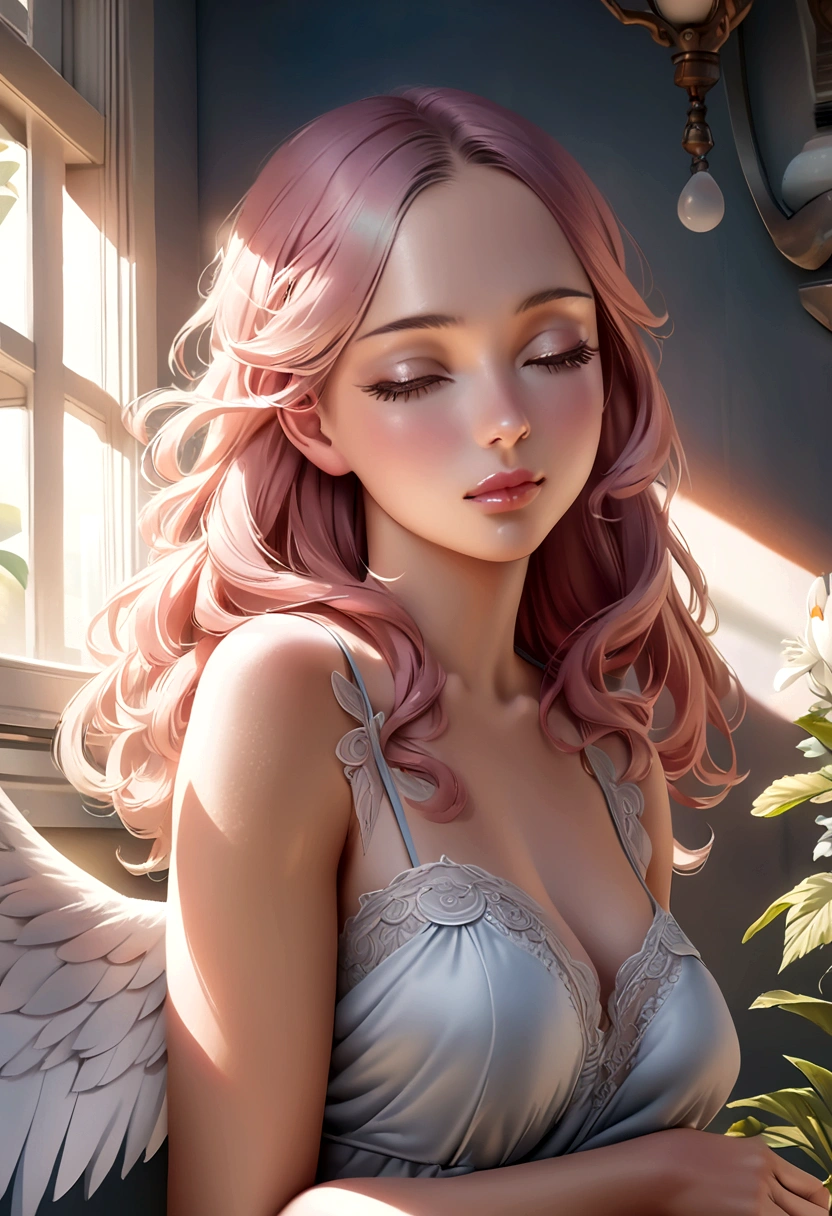 1 girl, angelic, feathered wings, more wings, wings near the face, warm glowing light, pink wavy hair, gentle smile, smile, closed eyes, sleeping, half-foreign features, profile view, fluffy dress, blushing, bright, flowers, flowers, sun, soft sunlight, (best quality,4k,8k,highres,masterpiece:1.2),ultra-detailed,(realistic,photorealistic,photo-realistic:1.37),detailed eyes, detailed lips, extremely detailed face, long eyelashes, dreamlike, ethereal, serene, tranquil, pastel colors, natural lighting, normal size breast