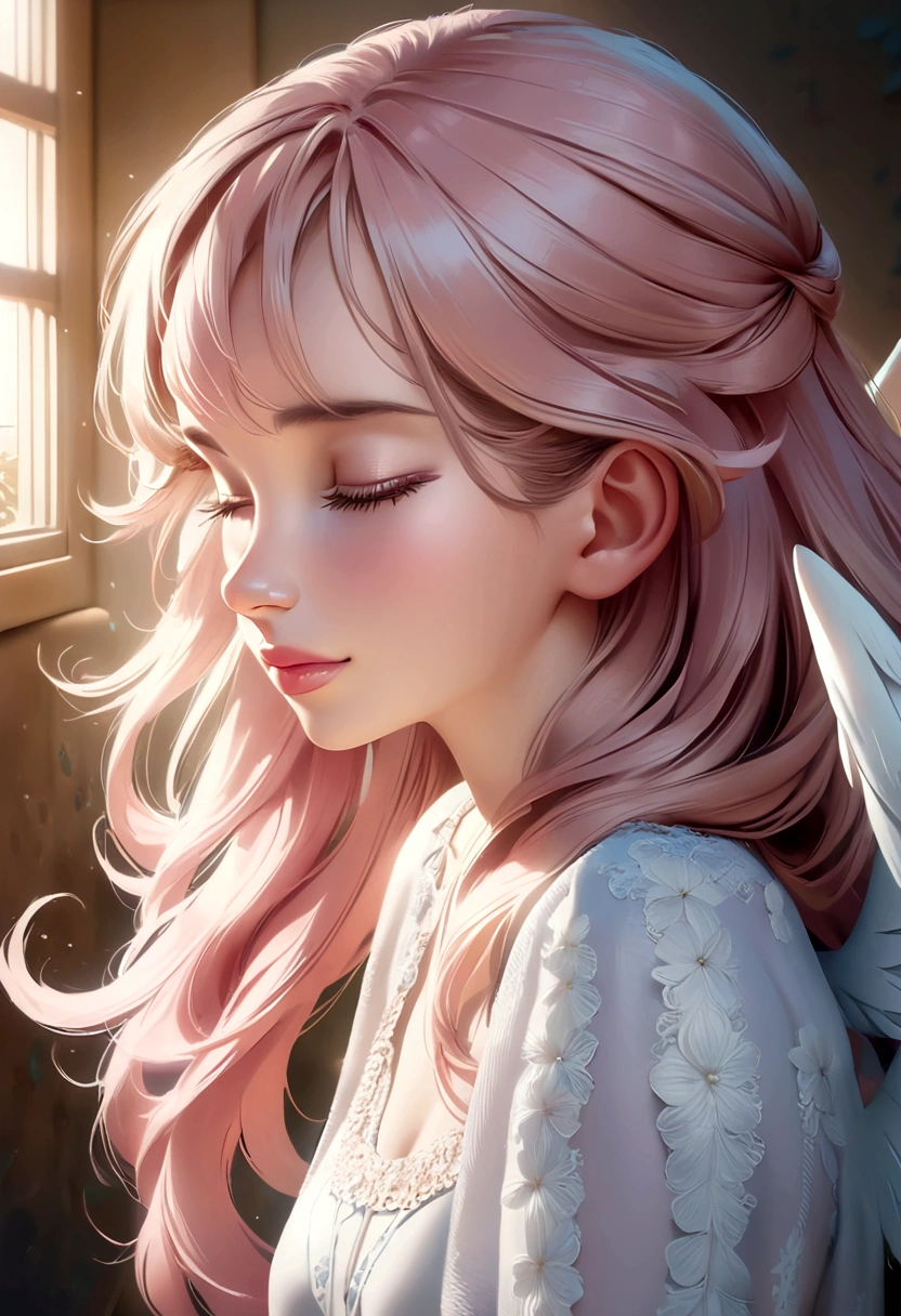 1 girl, angelic, feathered wings, more wings, wings near the face, warm glowing light, pink wavy hair, gentle smile, smile, closed eyes, sleeping, half-foreign features, profile view, fluffy dress, blushing, bright, flowers, flowers, sun, soft sunlight, (best quality,4k,8k,highres,masterpiece:1.2),ultra-detailed,(realistic,photorealistic,photo-realistic:1.37),detailed eyes, detailed lips, extremely detailed face, long eyelashes, dreamlike, ethereal, serene, tranquil, pastel colors, natural lighting, normal size breast
