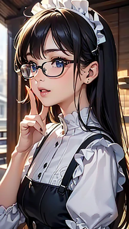 A girl is posing for a photo,pretty girl,Enchanting girl,Anime Girls,
(((One Girl,Baby Face,16 years old))),
((Black maid outfit)、(Black Pantyhose、Dark brown long boots)、(Large black-rimmed glasses、White gloves)),
((Black Hair)、Shortcuts),(Drooping eyes,blue eyes),(Small breasts),
BREAK
(Beautiful Hair,Shiny Hair),
(Expression of fine eyes,Beautiful and delicate eyes,Sparkling eyes,Eye Reflexes),
(double eyelid,Long eyelashes),
(Beautiful Nose,Thin Nose),
(Glossy lips,Beautiful Lips,Thick lips),
(Symmetrical facial features,Perfect Face),(((Detailed skin,Oily skin,Textured skin,Beautiful Skin))),
break
(smile、Embarrassed),
((noon、Western-style house、entrance)),((finger to mouth, front view, Looking up、Cowboy Shot)),
break
(((highest quality)),((masterpiece)),((Very detailed))),((High resolution),(8k),(16k,1080p),(Anime 2D Rendering)),(Anatomically correct),
((Realistic)), (The best CG),Highly detailed art,CG illustration,