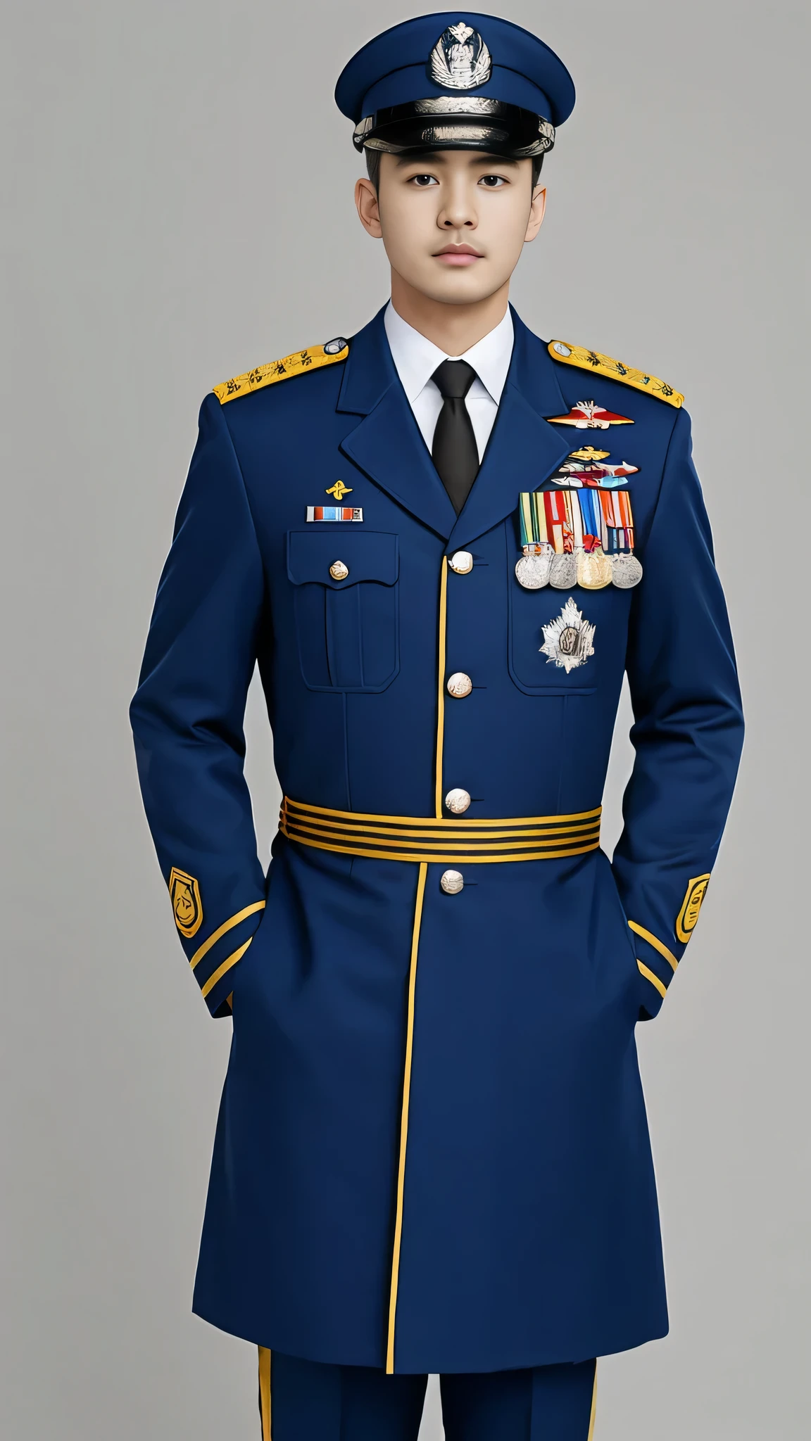 4k, (masterpiece), best quality, 2d, arafed man in a  posing for a picture, Wearing Uniform,, Embroidered Guard, Wearing military , yanjun chengt, Dressed in full military white, ficer, Unified background, Wearing the general&#39;s，Upper body unobstructed photos，The three armed forces guard of honor white uniform，Tough Guy，Cool hairstyle，Positive face