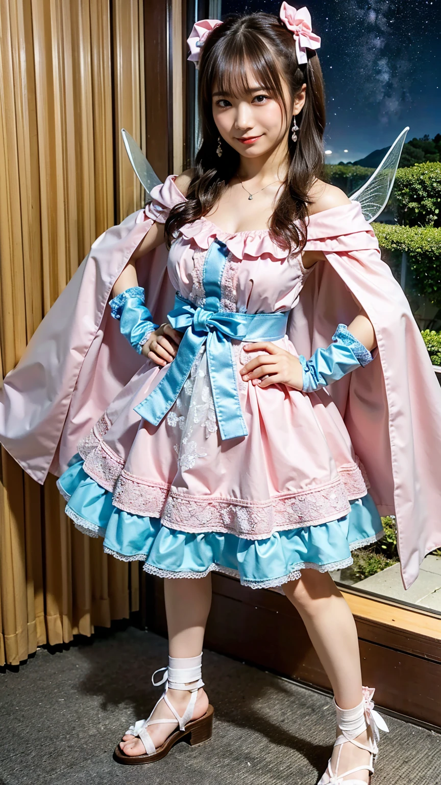 (8k、RAW Photos、highest quality、masterpiece:1.2)、(Realistic、Realistic)、1 girl、((Pink and light blue、Pretty Cure、fairy tale、Belly button、skirt、Cape、Off the shoulder、Scrunchie、See-through、Long Hair、Frills、smile、ribbon、Large Breasts、Sandals、whole body、Night Sky、View from the front、looking at the camera、Standing with hands on hips))、