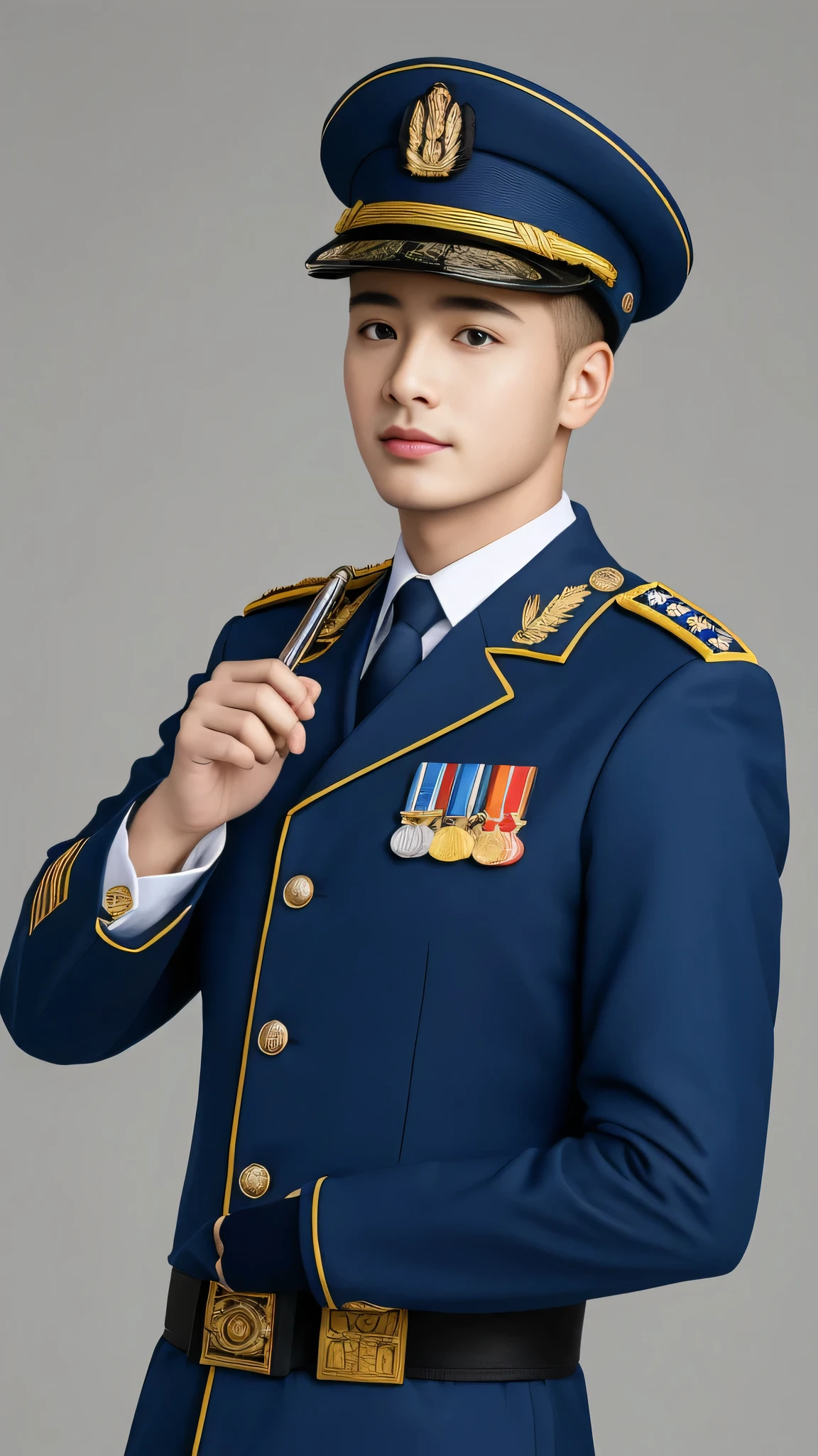 4k, (masterpiece), best quality, 2d, arafed man in a posing for a picture, Wearing Uniform,, Embroidered Guard, Wearing military , yanjun chengt, Dressed in full military white, ficer, Unified background, Wearing the general's,Upper body unobstructed photos,The three armed forces guard of honor white uniform,Tough Guy,Cool hairstyle,Positive face