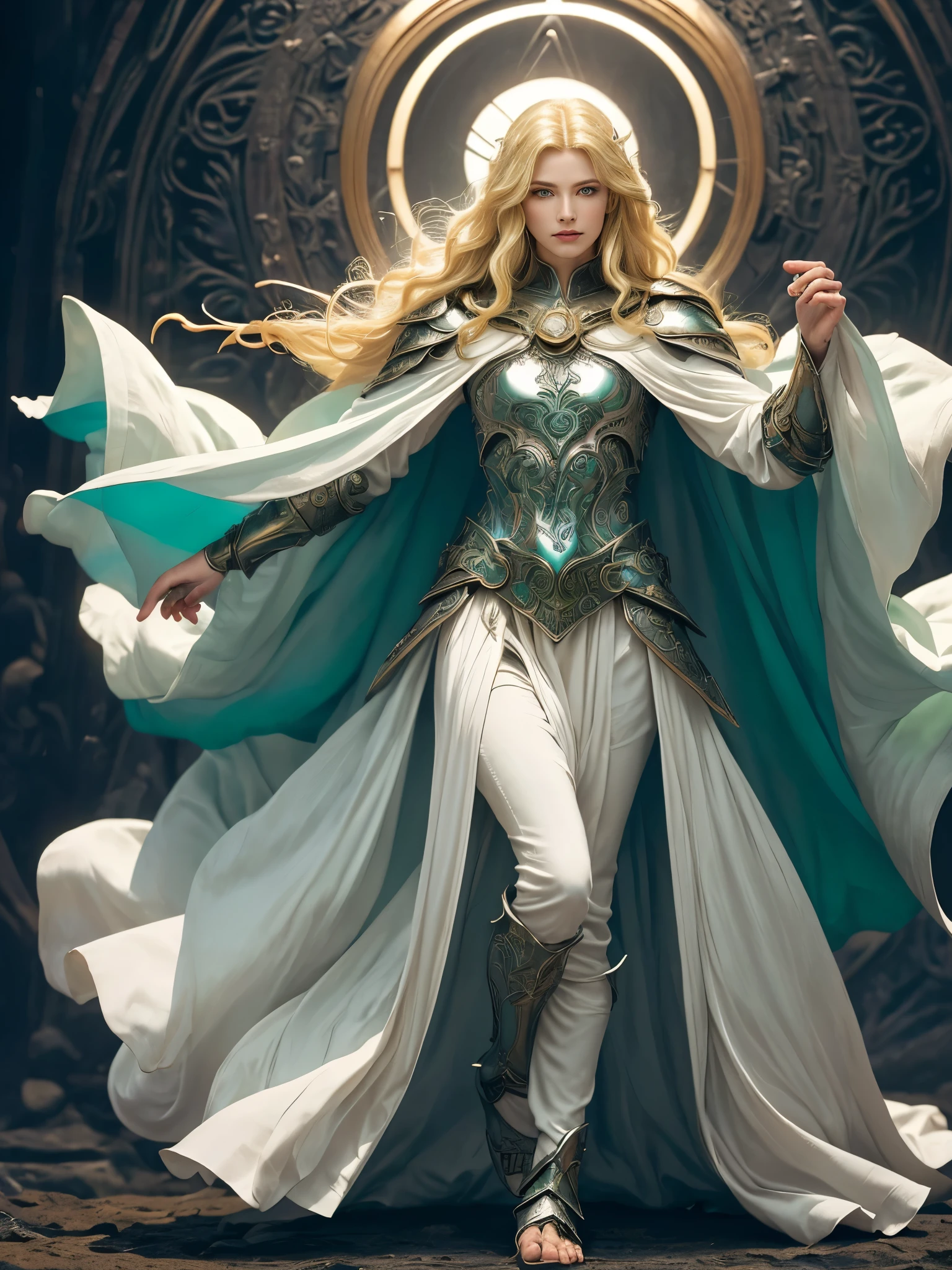 A mage wearing a bright white cloak with vivid green details, metal armor with intricate engravings, casting an arcane magical circle, (( an androgynous man figure with delicate beauty, long flowing blonde hair cascading down to the feet.