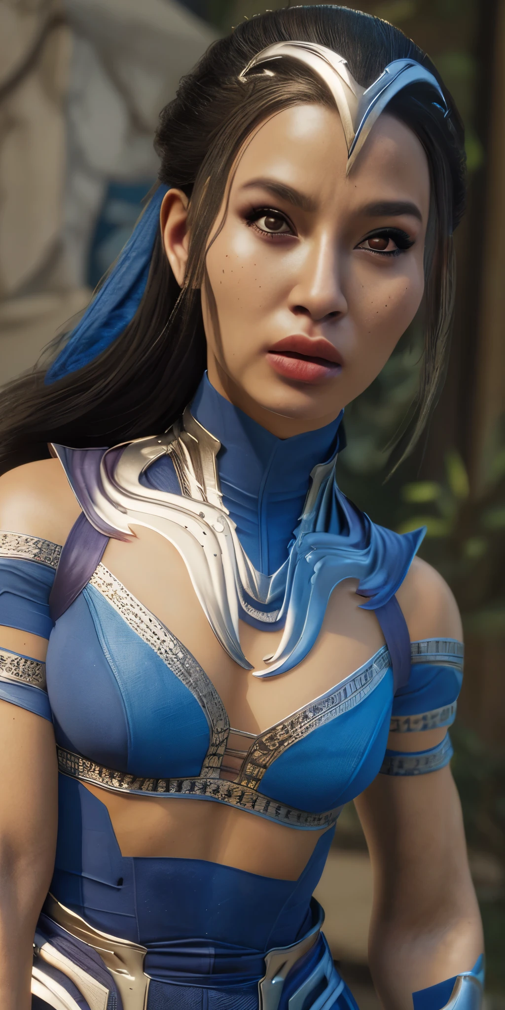 a beautiful detailed portrait of Kitana from Mortal Kombat 1, extremely detailed eyes and face, beautiful detailed lips, longeyelashes, elegant warrior woman, armor, blue clothes, blue energy effects, cinematic lighting, highly detailed, intricate textures, photorealistic, 8k, (best quality,4k,8k,highres,masterpiece:1.2),ultra-detailed,(realistic,photorealistic,photo-realistic:1.37),vibrant colors, dramatic lighting