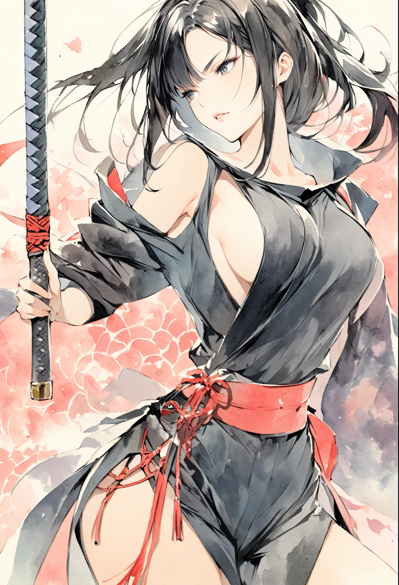 masterpiece, Best quality, Drawing of a black-haired futuristic female ninja illustration, watercolor (medium), 1girl, breast, Dressed in sophisticated modern ninja costumes，Equipped with traditional and technological weapons. She has long black hair，Tied with a red ribbon and a symbol。She must be wearing a high-end black outfit with red accents，These include letters. She was holding a sword，The hilt and scabbard have intricate patterns. The background is the Edo period, Five fingers, The index finger of the right hand points to the sky.