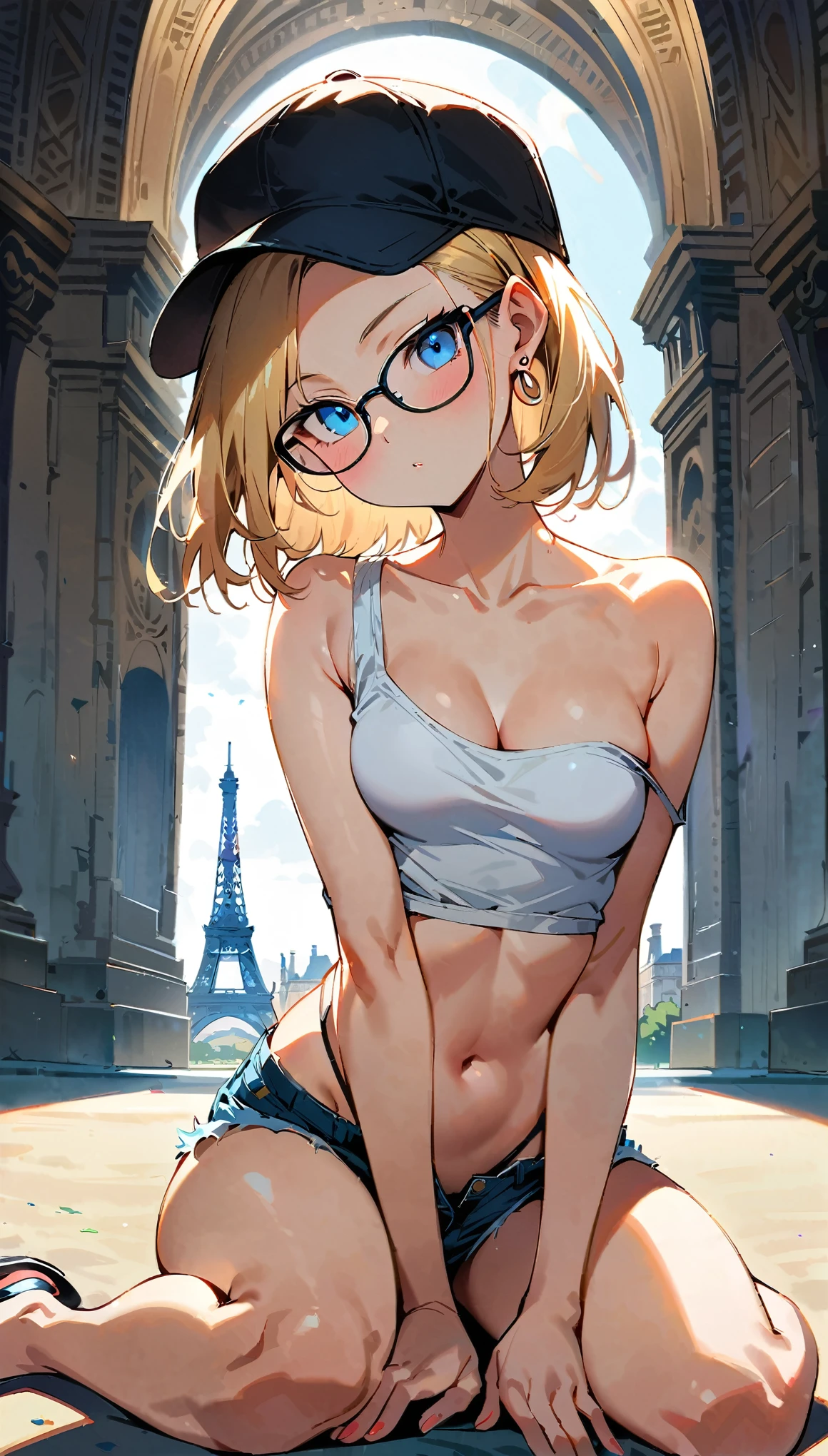 (masterpiece, best quality:1.2), full body shot, solo, Android 18 from Dragon Ball, collarbone, cleavage, ((slip-on one-shoulder crop top)), (light gray top:1.2), no jacket, midriff-baring, navel, (short shorts with one button undone), strings of thong underwear slightly visible, small breasts, short blonde hair loose, ((blue eyes)), ((wearing glasses)), earrings on earlobes, slender feminine figure, narrow waistline, skinny body, (plane black cap), (cap without logo), beach sandals, sunlight, head tilt, looking at viewer, light blush, arm between legs, wariza, the Louvre, the Eiffel Tower, the Arch of Triumph, outside, natural lighting and shadows, blur background, 4K