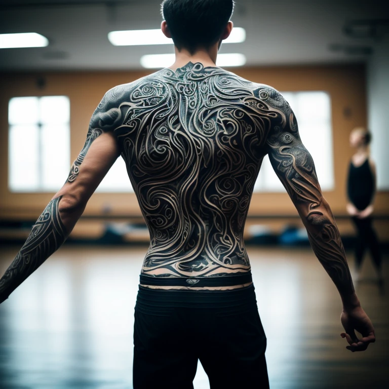 Back Tattoo, In the dance classroom, a male dancer's wavy tattoo on the back undulates with movements, symbolizing the fluidity and rhythm of the dance, (masterpiece, best quality, Professional, perfect composition, very aesthetic, absurdres, ultra-detailed, intricate details:1.3)