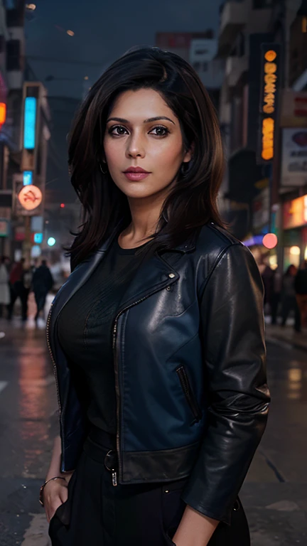 [[Flirty Gaze]] Portrait of Indian most beautiful and attractive Punjabi woman in her 40s as a beautiful female model, Georgia Fowler, beautiful face, with short dark brown hair, in cyberpunk city at night. She is wearing a dark blue leather jacket,
