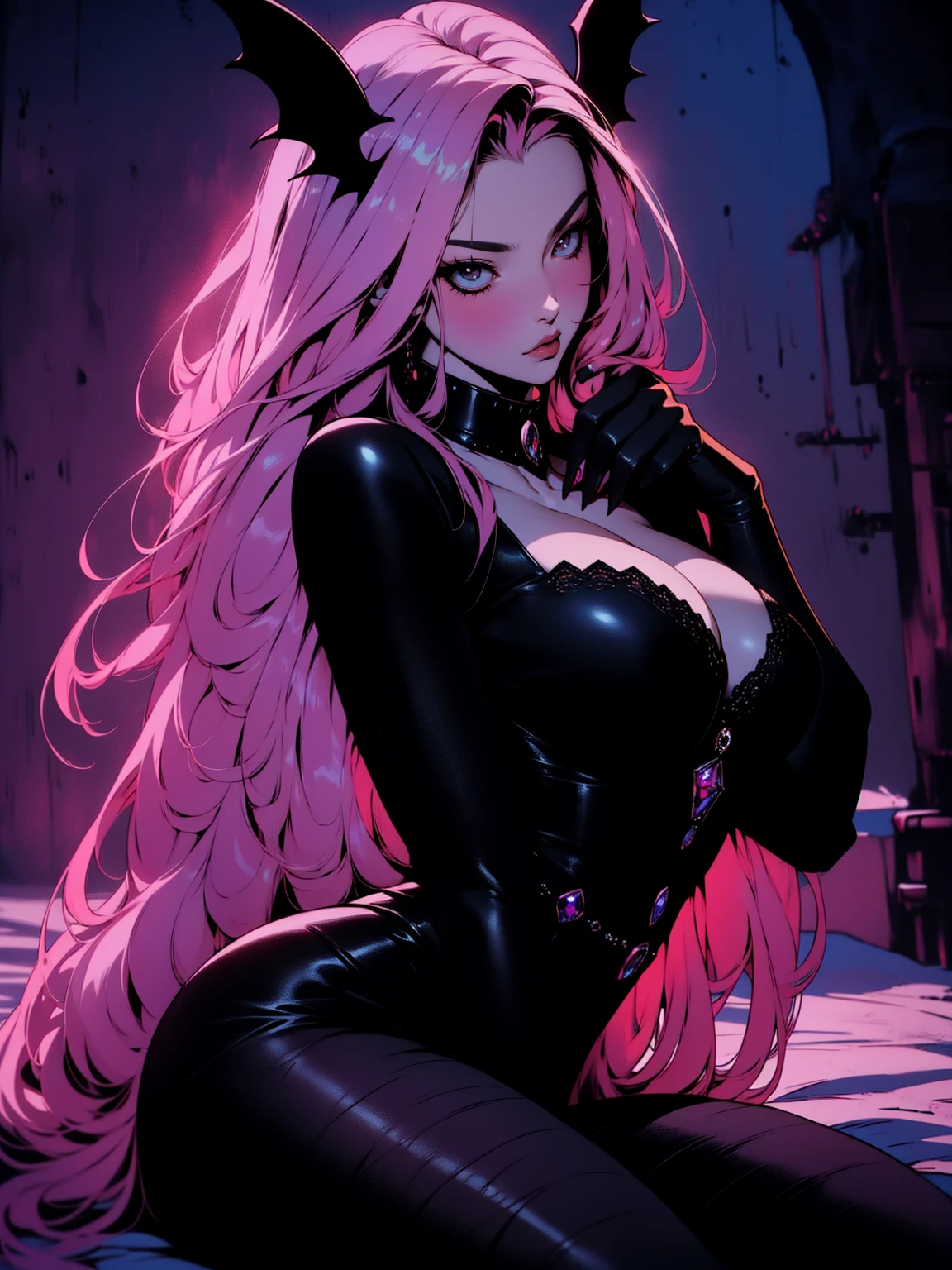 {-erro_de_anatomia:1.0} (best quality,4k,8k,highres,masterpiece:1.2) (masterpiece, top quality, best quality, official art, beautiful and aesthetic: 1.2), (1 woman: 1.3) Succubus girl, long pink hair , yellow eyes, (crystal eyes) succubus wings, black pant, black gloves,  attractive, moonlight, dinamic poses, sitting on the ground, looking back, perfect hands (perfect fingers), angry face, 