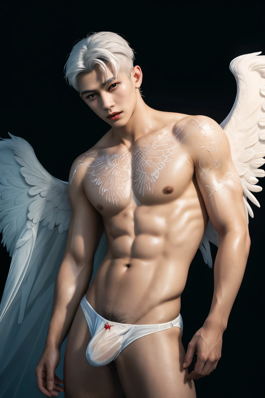 best quality, masterpiece, (photorealistic:1.4), 1boy ,  shirt with collars, waist up, dramatic lighting, from below , handsome, sixpack, charming, cute, white skin, naked,Not wearing underwear , male genitalia exposed, large long veined hard erect male genitalia, white hair, yellow eyes,Body covered with transparent viscous white fluid and sperm, oral sex, sucking male genitalia, water magic ,Cloak made of water, Naked, bare chest, peacock, angel wings ,red Tattoo on chest,red eye ball, Korean boy,Super tight panties