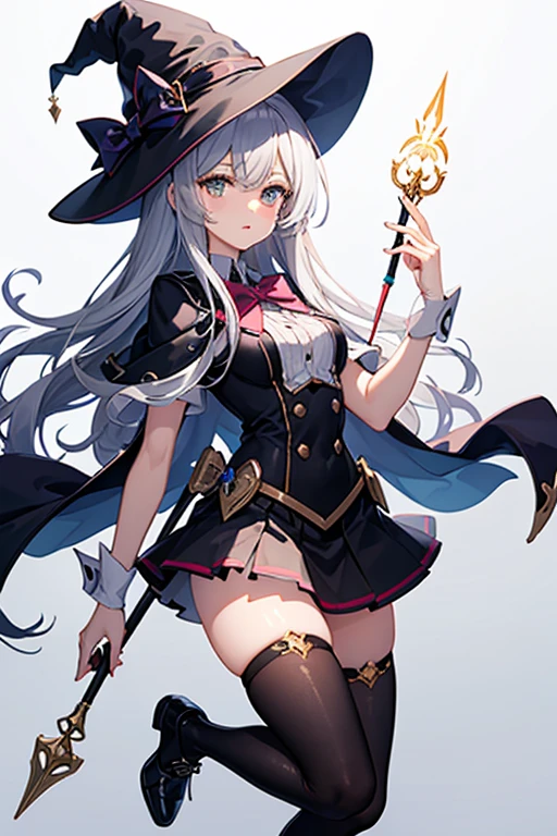 Magical girl、Witch Hat、Magic wand、Black knee-high socks、Miniskirt、Thighs、whole body