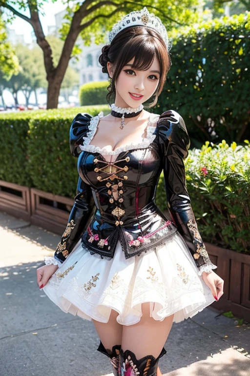 nsfw, sexy stylish Thai model, only 1 female, ((doll-like appearance)), short Mahogany stylish hair, ((shiny Victorian-Style boots)), (big smile), ultra detailed eyes, vivid eye makeup, lipgloss, long lashes, defined eyebrows, ((sexy Paradise Kiss cosplay)), bell-shaped skirt, petticoats, high neckline, puffed sleeves, ((ultra detailed lace)), ((ultra detailed embroidery)), intricate details, Paradise Kiss accessoires and matching headpiece, choker, ((large sparkling Paradise Kiss jewelry)), cinematic light, detailed large park background with trees