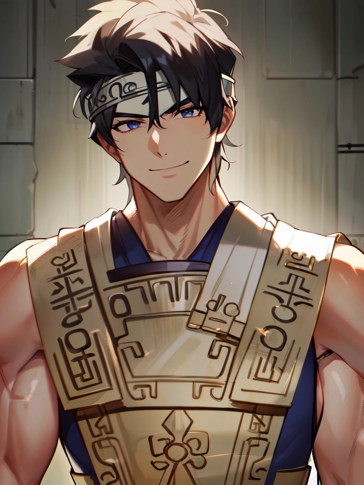 ((silver headband)), (greek armor), ((greek warrior)), ((black hair)), ((happy expression)), ((fair skin)), ((ancient greek clothing)), ((muscular body)), ((demigod of Zeus)), ((complementary colors)), ((mature male)), 1boy, beautifully drawn, high resolution illustration, best quality, High definition, ((detailed anime sketch)), Masterpiece, (solo), absurdres, portrait, ((upper body)), ((close-up)),  ((short hair)), detailed background, fine detail, male focus, HDR,