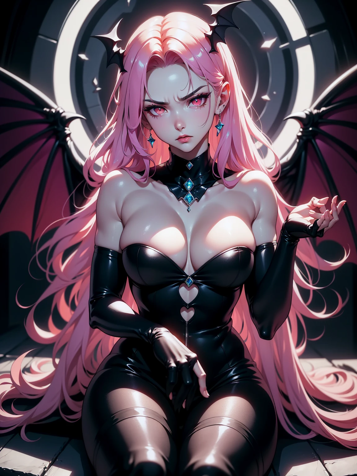 {-erro_de_anatomia:1.0} (best quality,4k,8k,highres,masterpiece:1.2) (masterpiece, top quality, best quality, official art, beautiful and aesthetic: 1.2), (1 woman: 1.3) Succubus girl, long pink hair , orange eyes, (crystal eyes) succubus wing, black pant, black gloves,  attractive, moonlight, dinamic poses, perfect hands (perfect fingers), sitting on the ground, angry face, cruel face