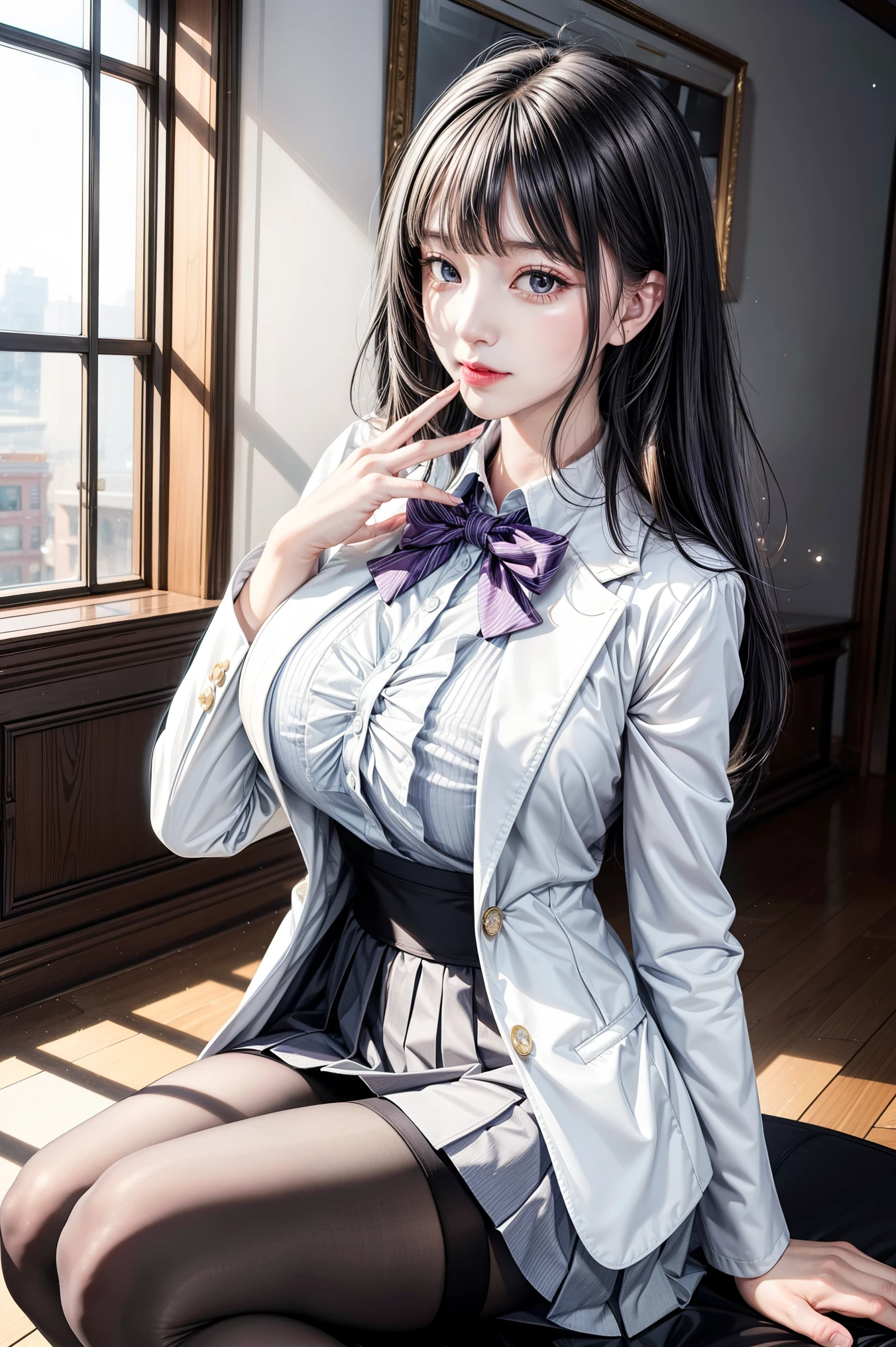 /(Modern office interior/), 1 lady only, /(black medium length hair/) Bangs, /(Blazer pencil skirt/) /(ID cards/), Blushing kind smile, (Masterpiece best quality:1.2) Exquisite illustrations with high resolution and ultra-details, big breasts