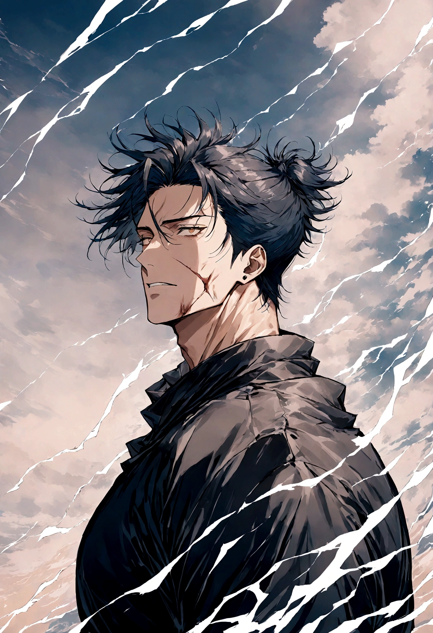 1 boy, Men's Center, Satoru gojou,Jujutsu Kaisen、Injury, electricity,, masterpiece, highest quality, so beautiful,、cool、、strongest,