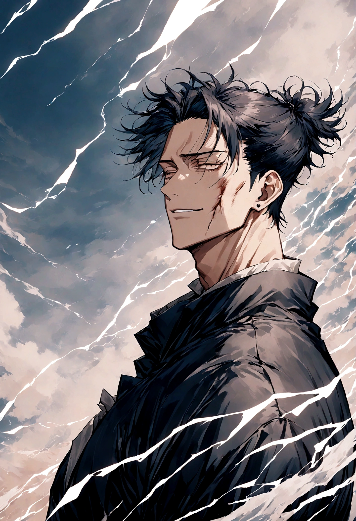 1 boy, Men's Center, Satoru gojou,Jujutsu Kaisen、Injury, electricity,, masterpiece, highest quality, so beautiful,、cool、、strongest,