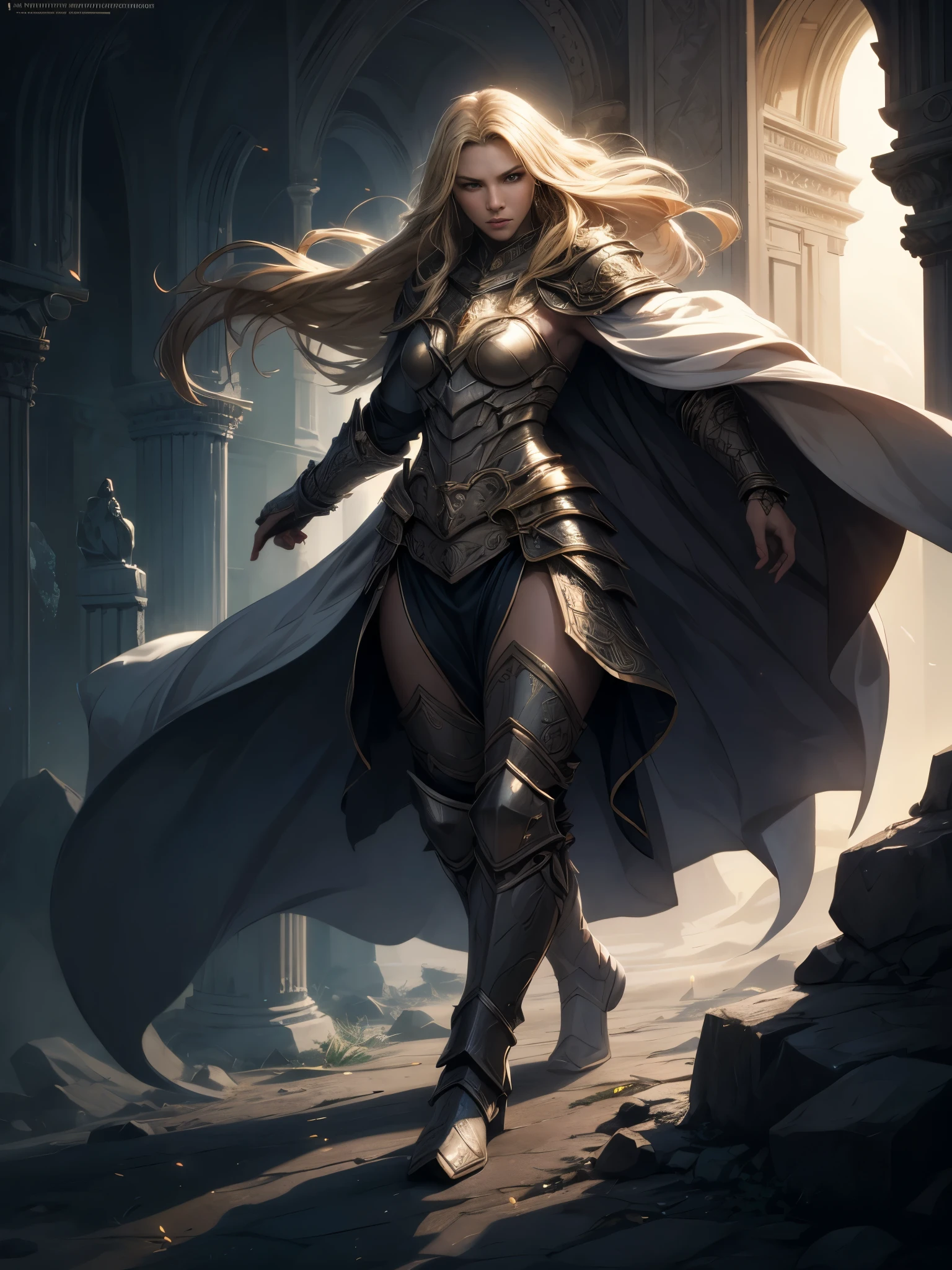 a mage wearing a bright white cloak with vivid green details, metal armor with intricate engravings, casting an arcane magical circle, an androgynous man figure with delicate beauty, long flowing blonde hair cascading down to the feet, hyperrealistic, 8k, extremely detailed, highly detailed, realistic rendering, cinematic lighting, dramatic cinematic lighting, chiaroscuro lighting, volumetric lighting, fantasy art, digital art, concept art, character design, ornate, intricate, magical, mystical, ethereal, glowing magical effects, dramatic pose