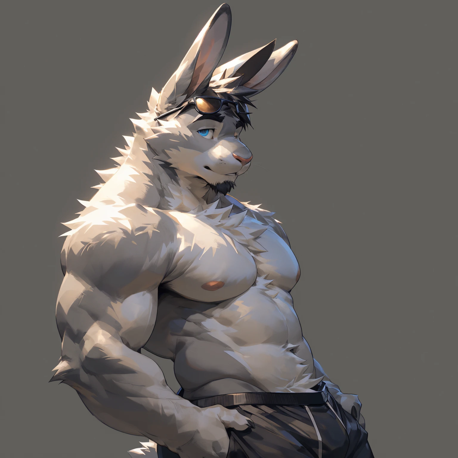Solo, male, medium muscular, rabbit, light gray, light gray rabbit, rabbit ears, perfect nose, beautiful eyes, shirtless, in black underwear, underwear, ((focus body, furry focus, shades focus, body shades)) (((gray background, gray wallpaper, one color))), by darkgem, by mystikfox61, by glitter boy